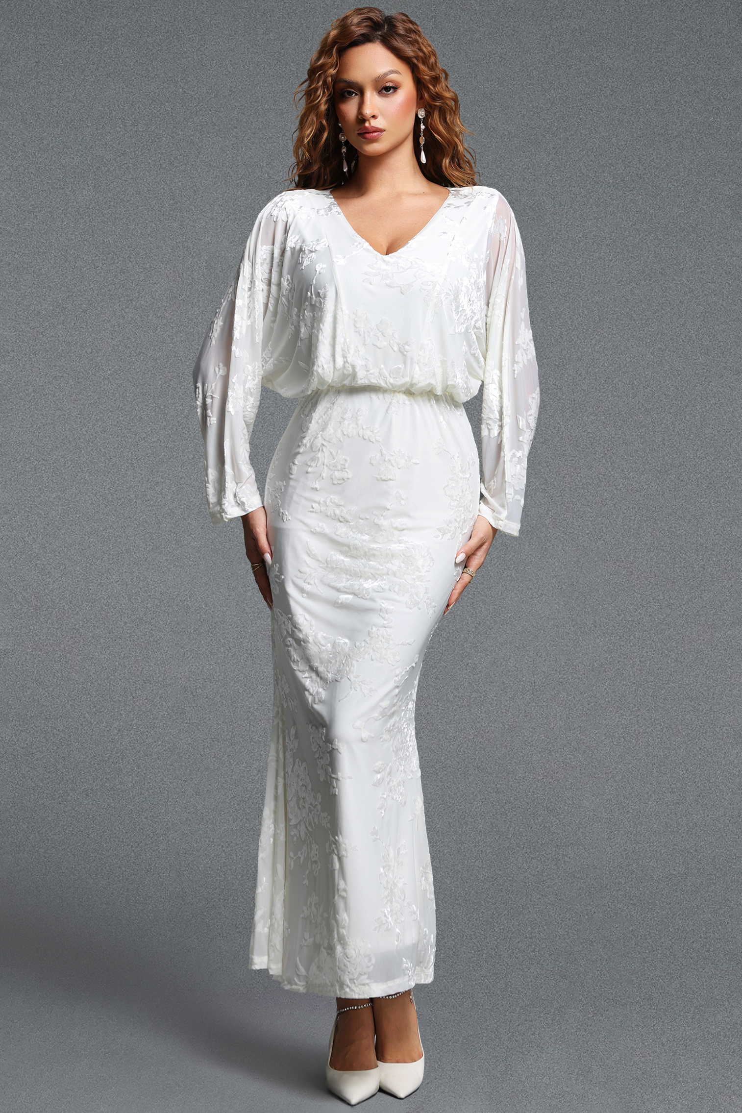 Jikisy Elegant V-Neck Long Sleeve Floral Embroidered Lace Maxi Dress