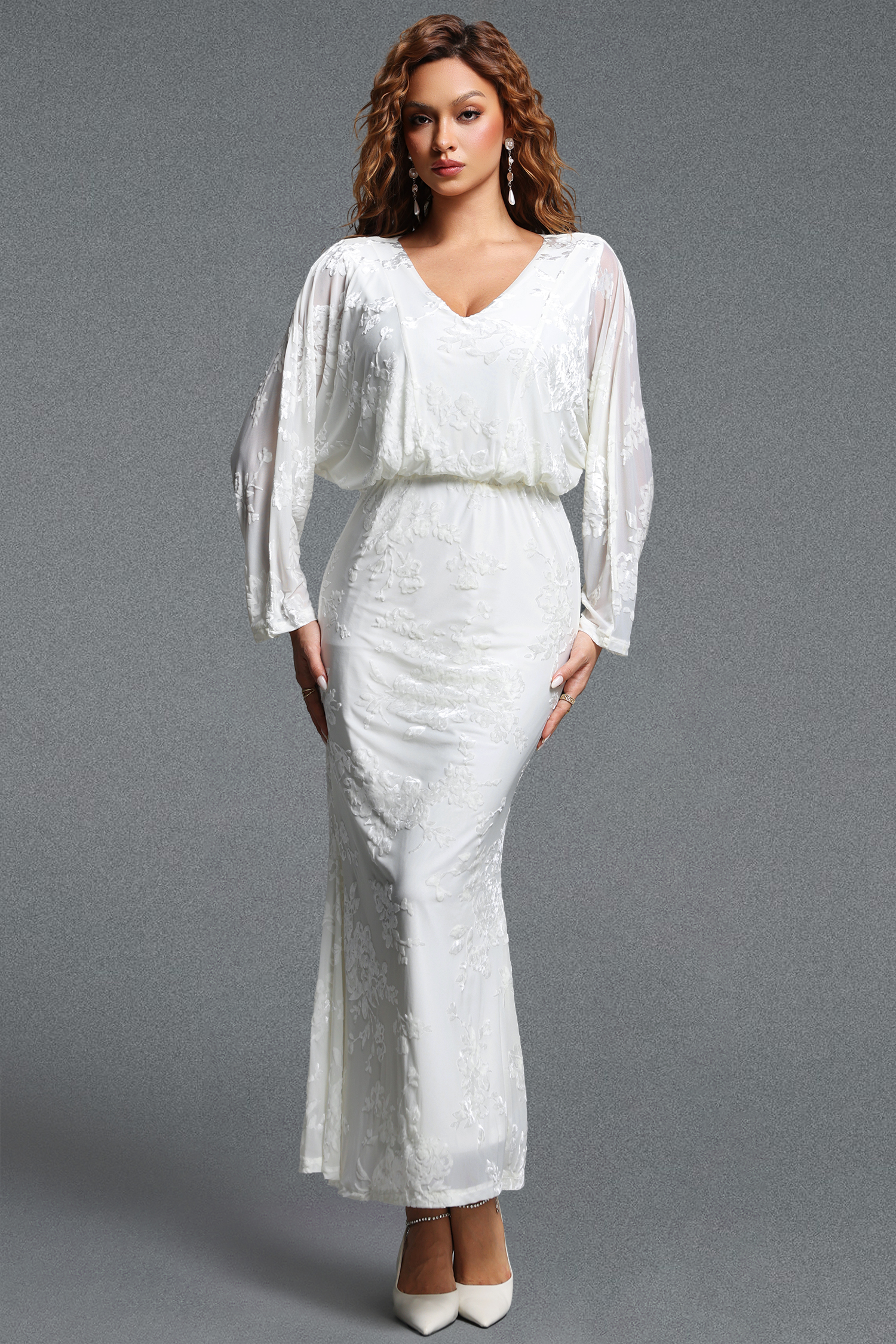 Jikisy Elegant V-Neck Long Sleeve Floral Embroidered Lace Maxi Dress