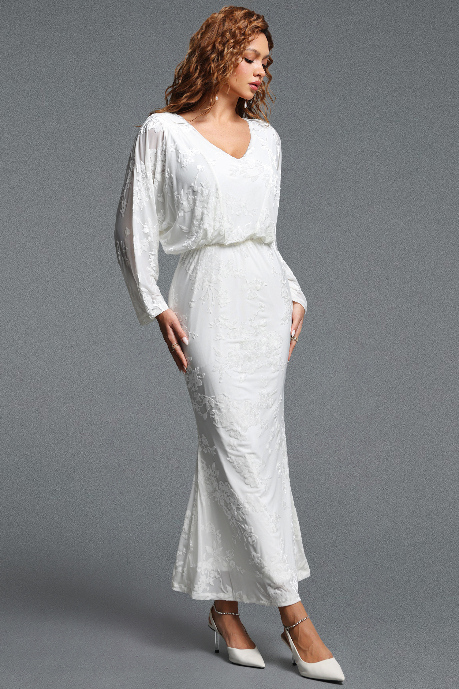 Jikisy Elegant V-Neck Long Sleeve Floral Embroidered Lace Maxi Dress