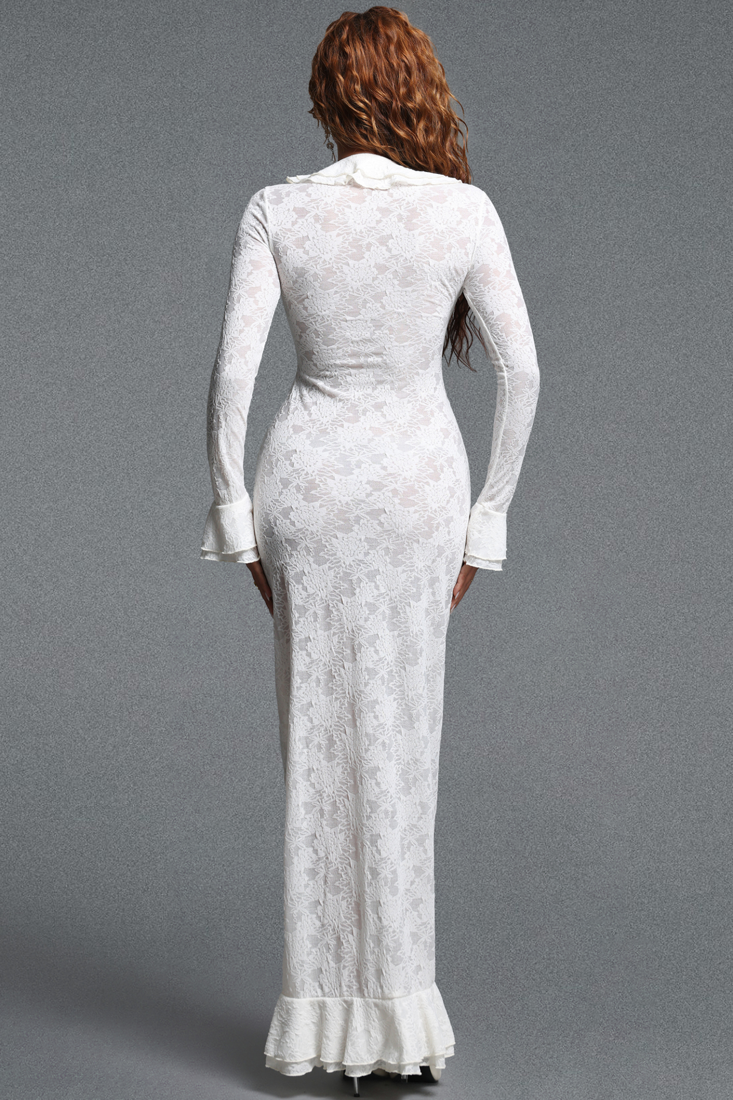 Ganaba Romantic Contour V-Neck Long Sleeve Ruffle Front Slit Lace Maxi Dress