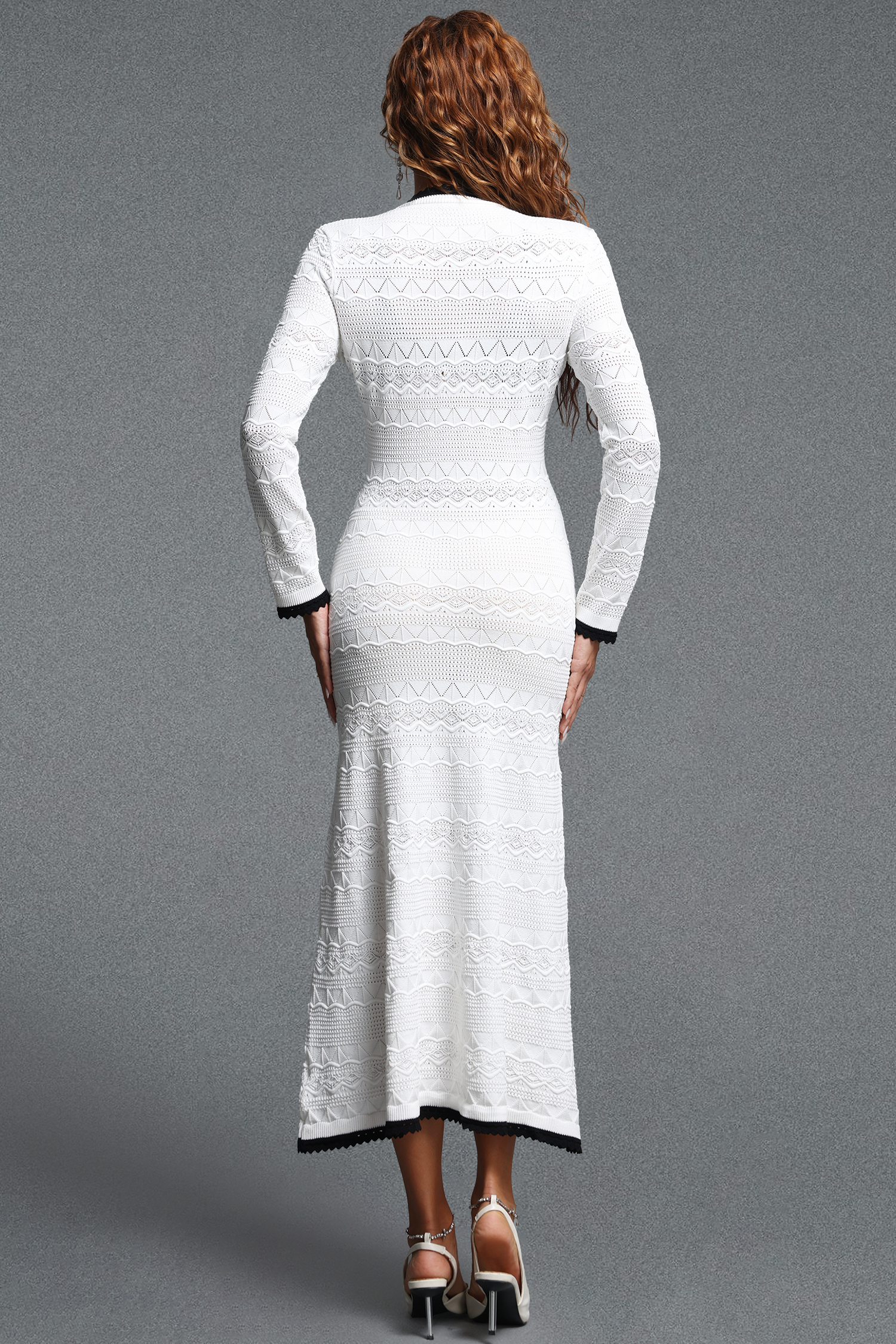 Tureal Elegant Contour V-Neck Long Sleeve Bow Knit Midi Dress