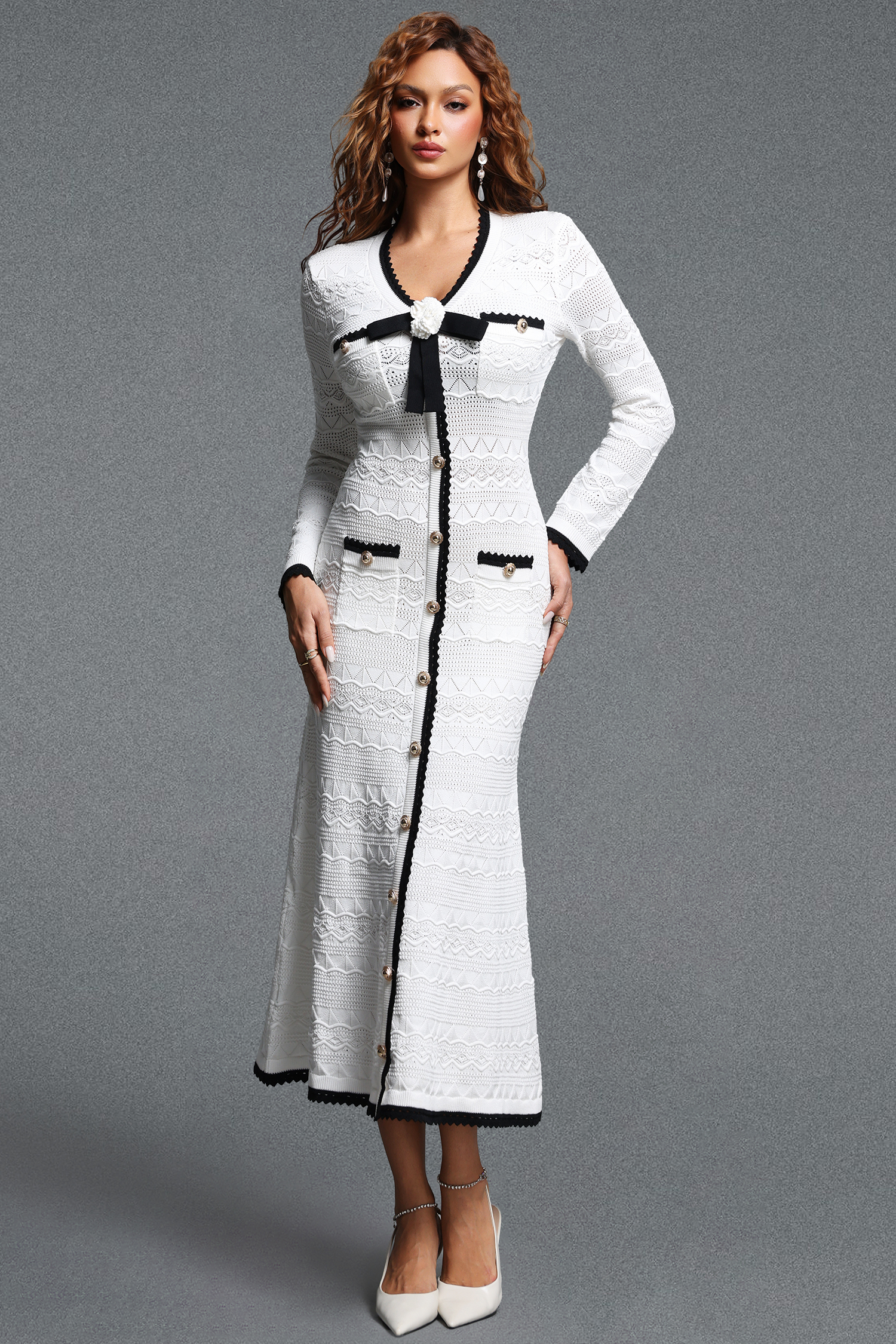 Tureal Elegant Contour V-Neck Long Sleeve Bow Knit Midi Dress