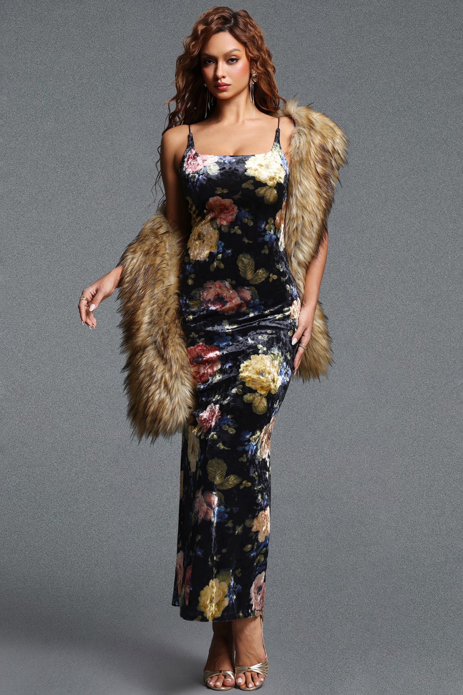 Valor Vintage Tailored Spaghetti Strap Floral Print Velvet Maxi Dress