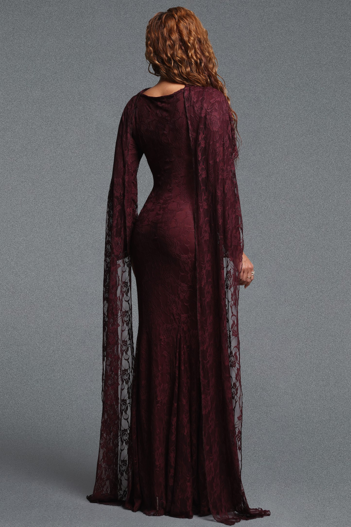 Pasha Elegant Contour Long Streamer Sleeve Mermaid Lace Brown Maxi Dress