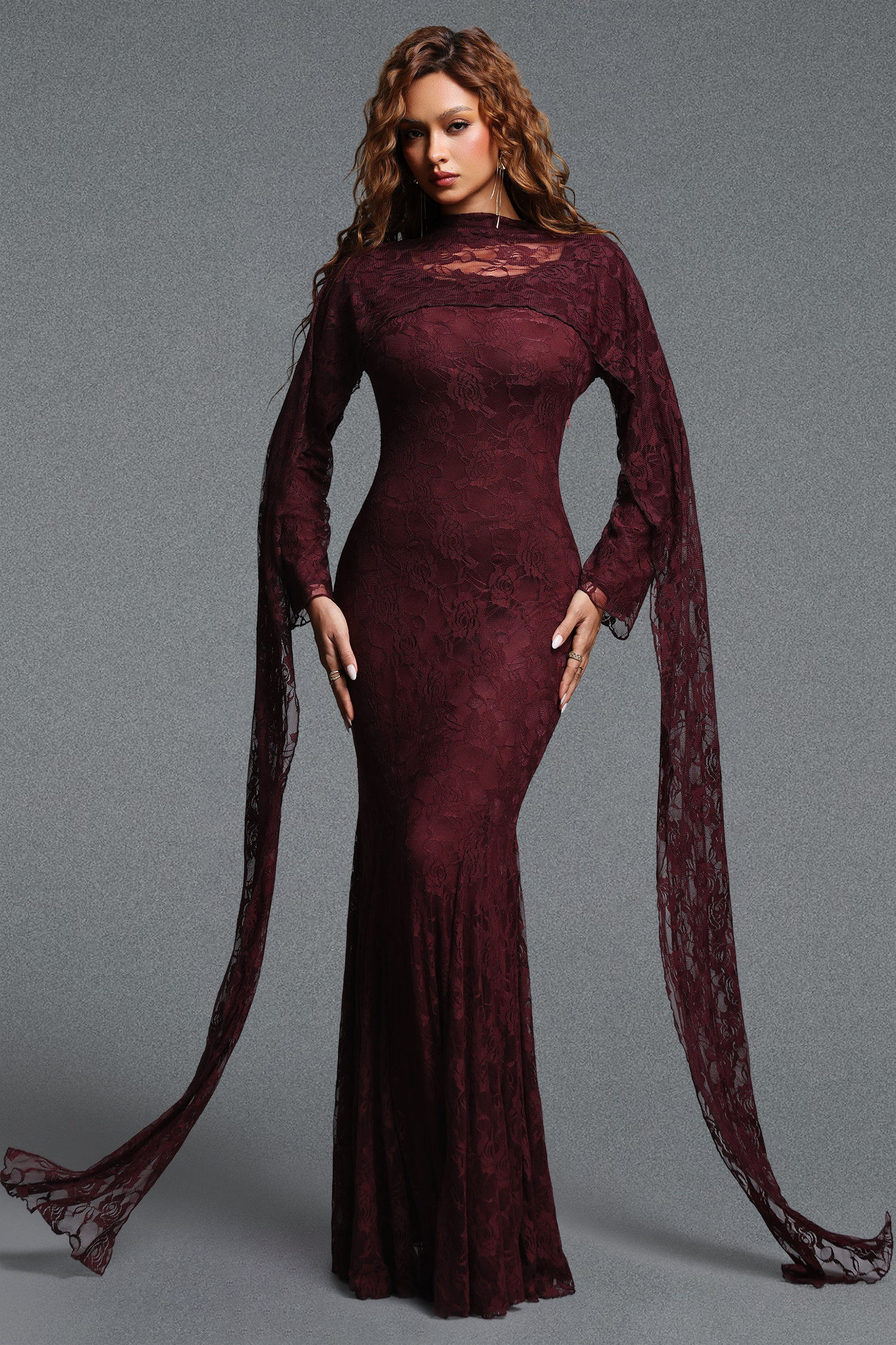 Pasha Elegant Contour Long Streamer Sleeve Mermaid Lace Brown Maxi Dress