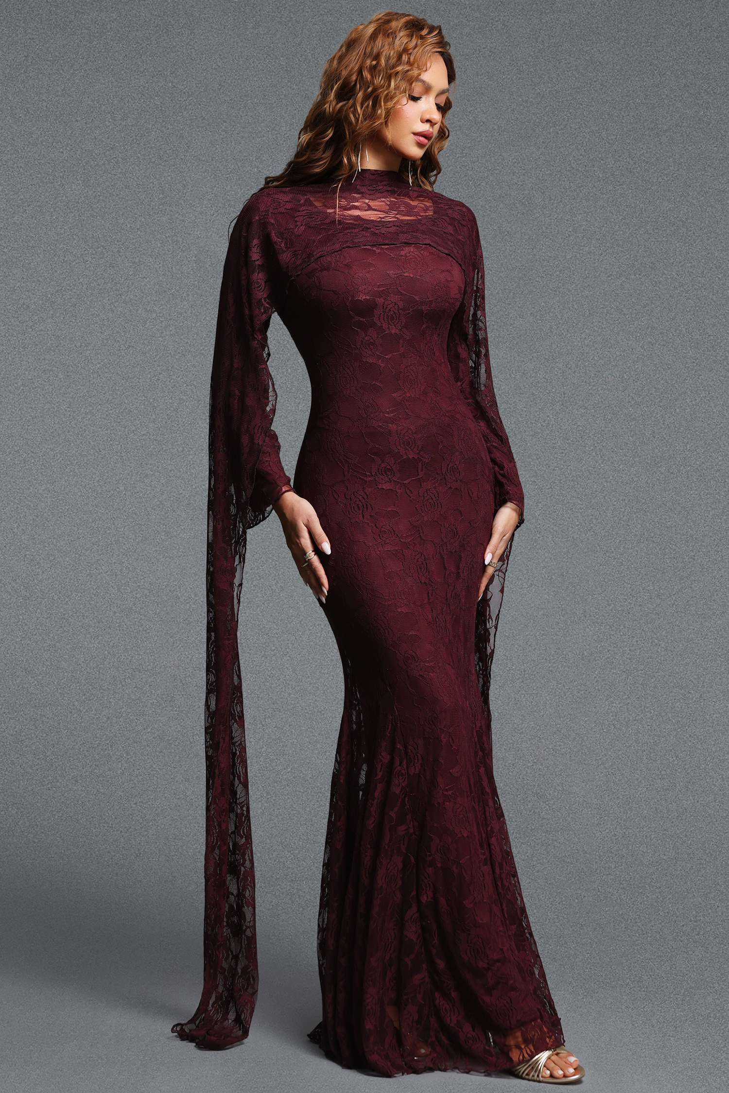 Pasha Elegant Contour Long Streamer Sleeve Mermaid Lace Brown Maxi Dress