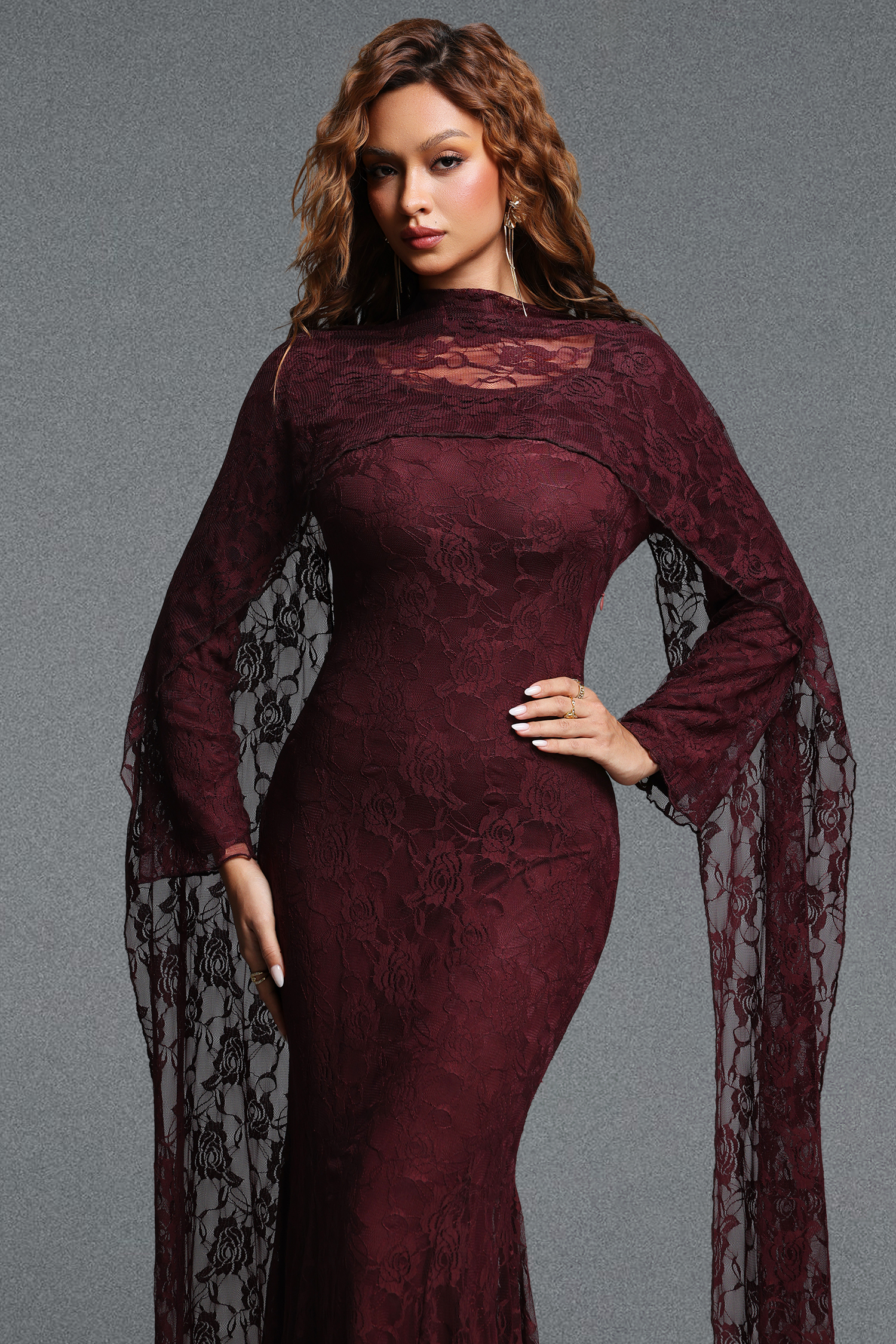 Pasha Elegant Contour Long Streamer Sleeve Mermaid Lace Brown Maxi Dress