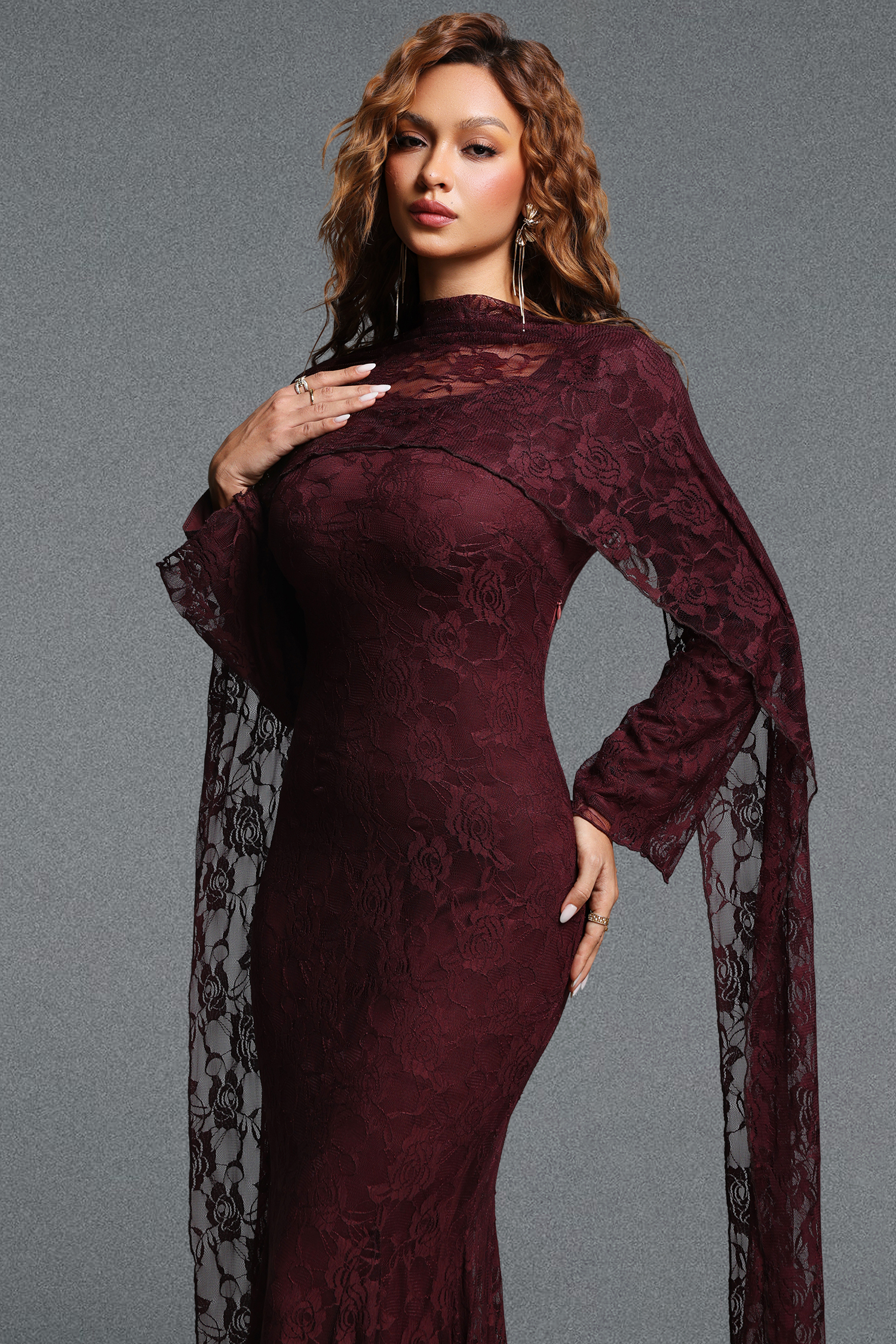 Pasha Elegant Contour Long Streamer Sleeve Mermaid Lace Brown Maxi Dress
