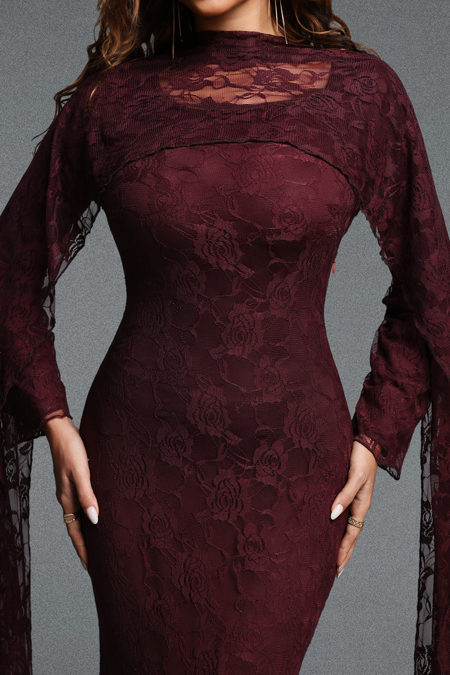 Pasha Elegant Contour Long Streamer Sleeve Mermaid Lace Brown Maxi Dress