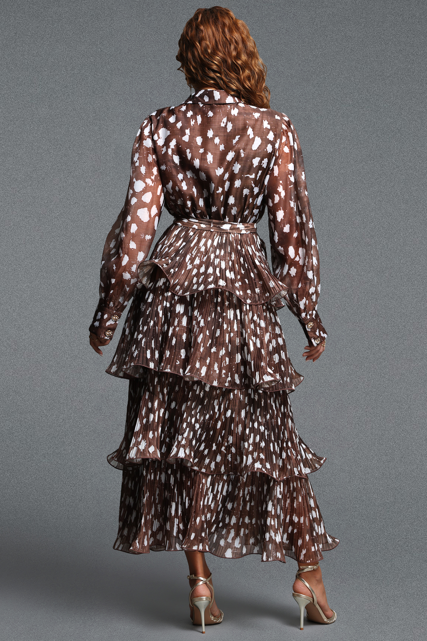 Olivia Elegant Flowy Collared Long Sleeve Printed Ruffle Chiffon Maxi Dress