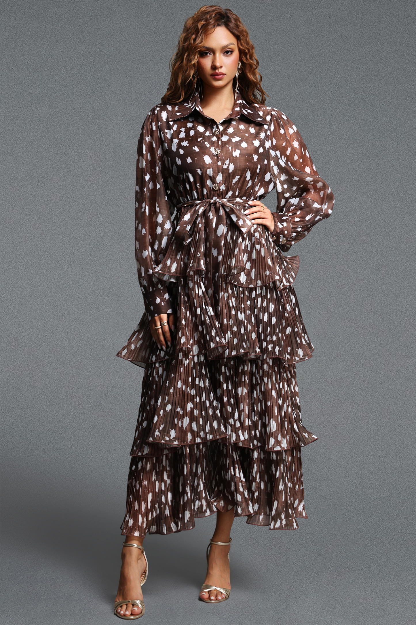 Olivia Elegant Flowy Collared Long Sleeve Printed Ruffle Chiffon Maxi Dress
