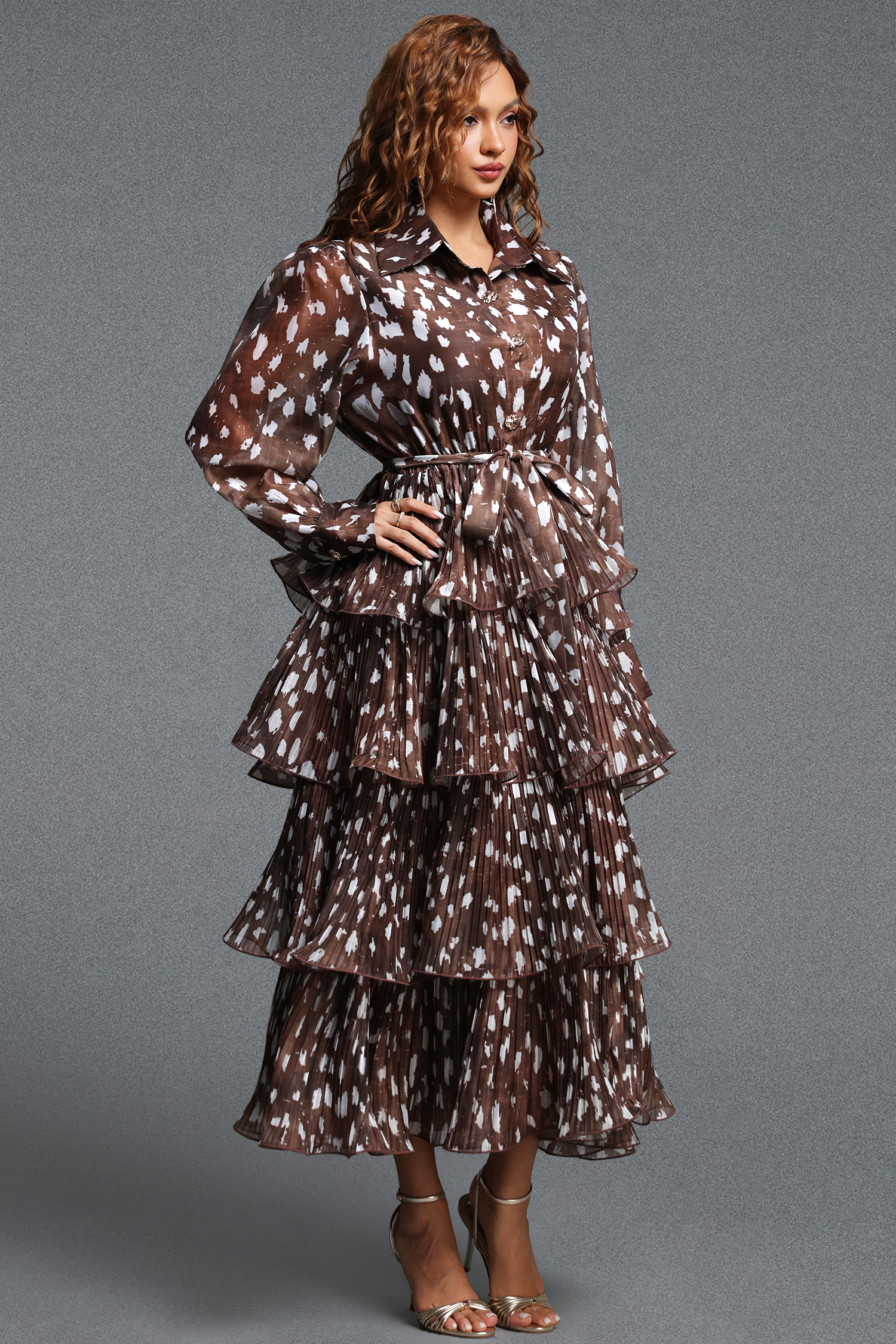 Olivia Elegant Flowy Collared Long Sleeve Printed Ruffle Chiffon Maxi Dress