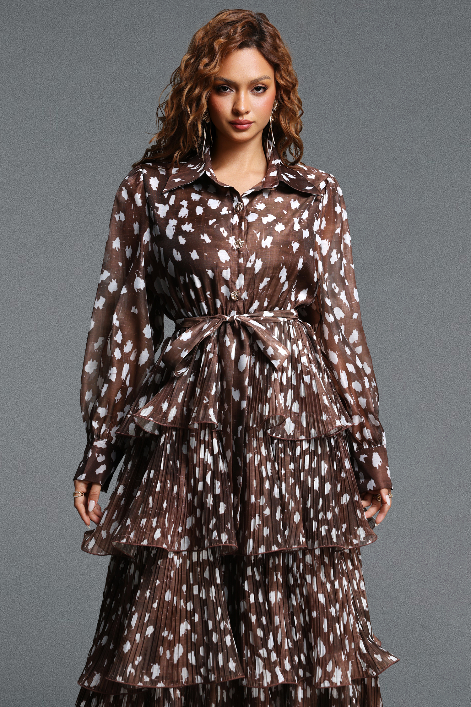 Olivia Elegant Flowy Collared Long Sleeve Printed Ruffle Chiffon Maxi Dress