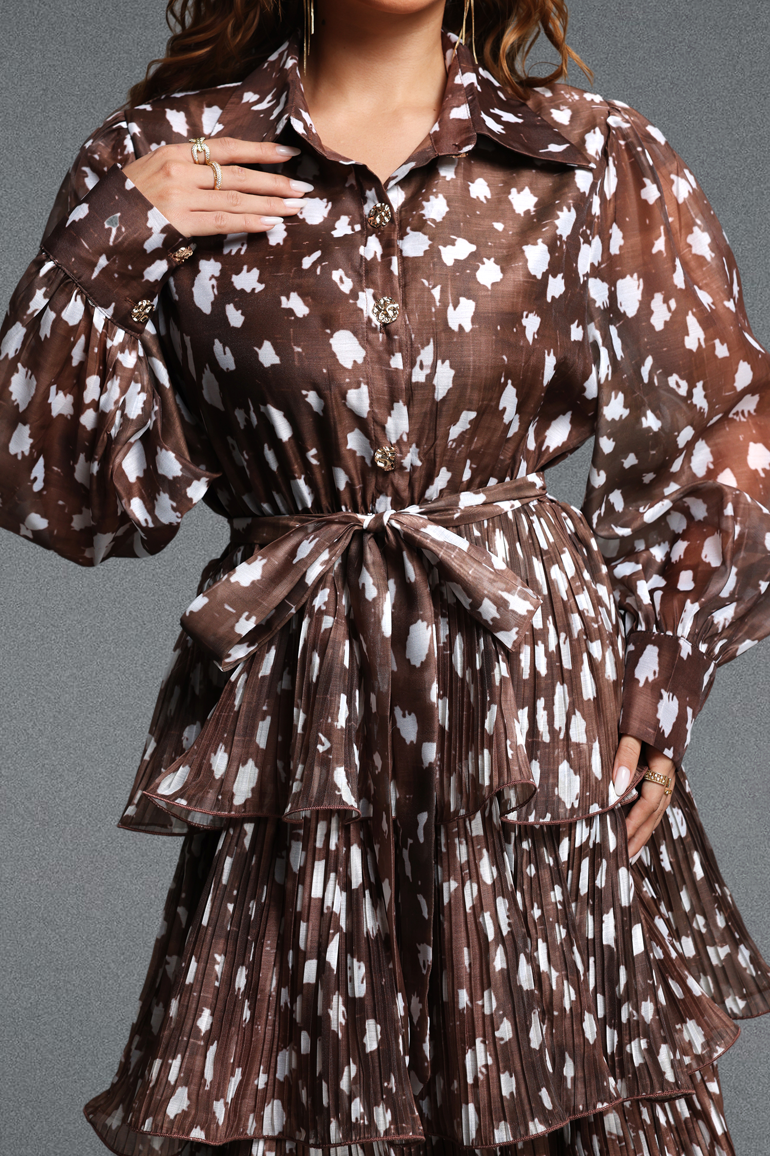 Olivia Elegant Flowy Collared Long Sleeve Printed Ruffle Chiffon Maxi Dress