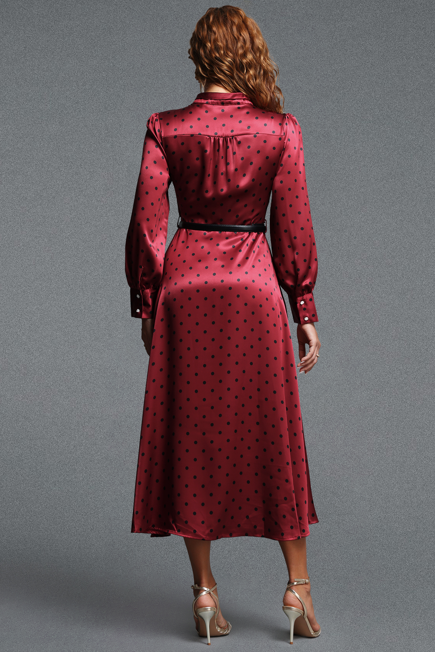Pelosy Vintage Tailored Long Sleeve Polka Dot Satin Red Maxi Dress