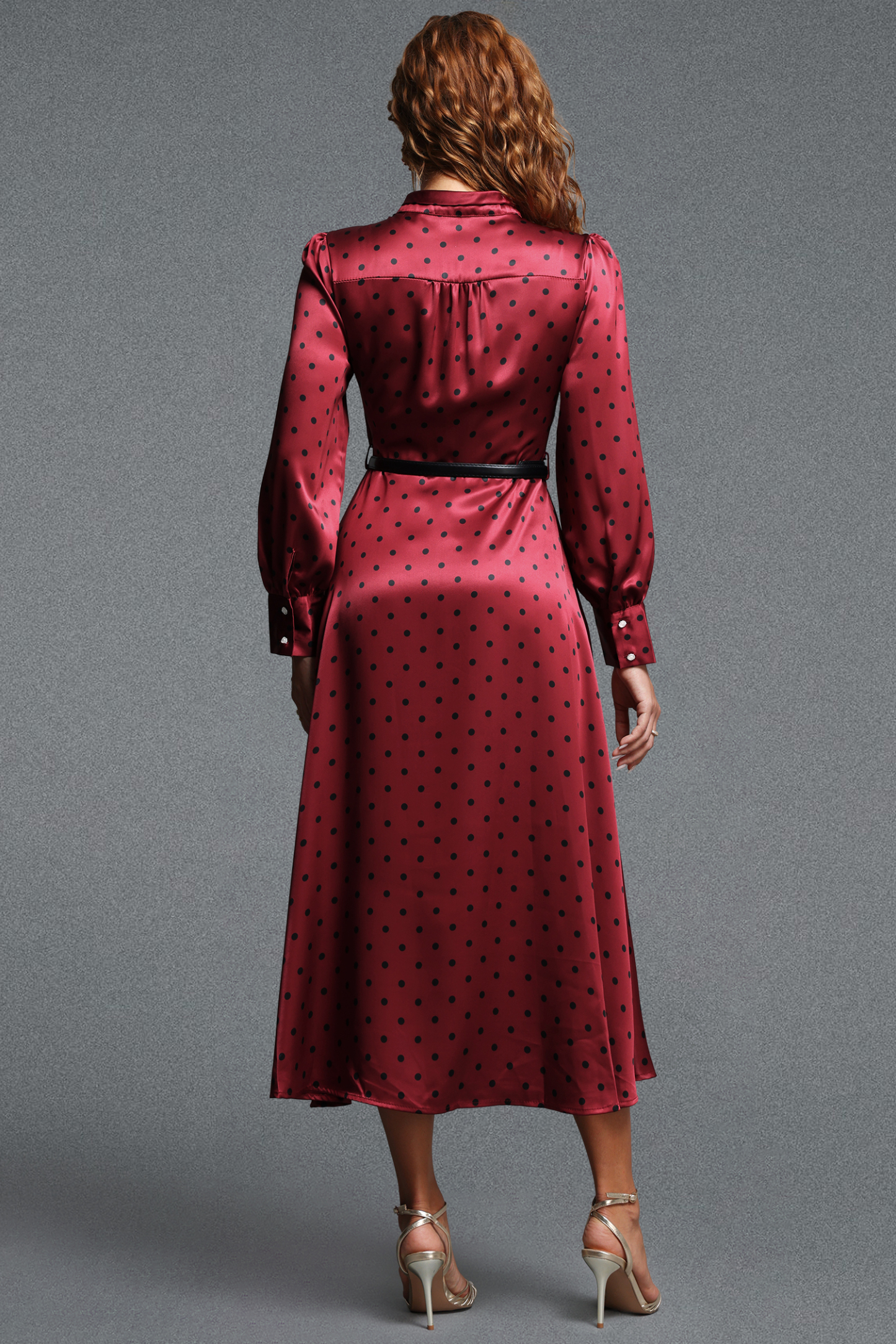 Pelosy Vintage Tailored Long Sleeve Polka Dot Satin Red Maxi Dress