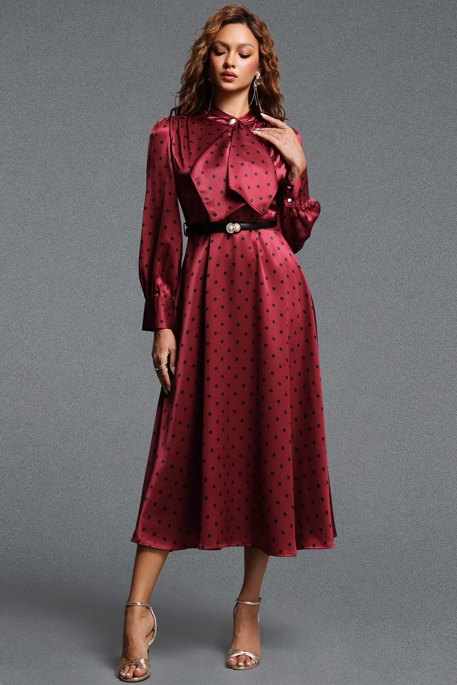 Pelosy Vintage Tailored Long Sleeve Polka Dot Satin Red Maxi Dress