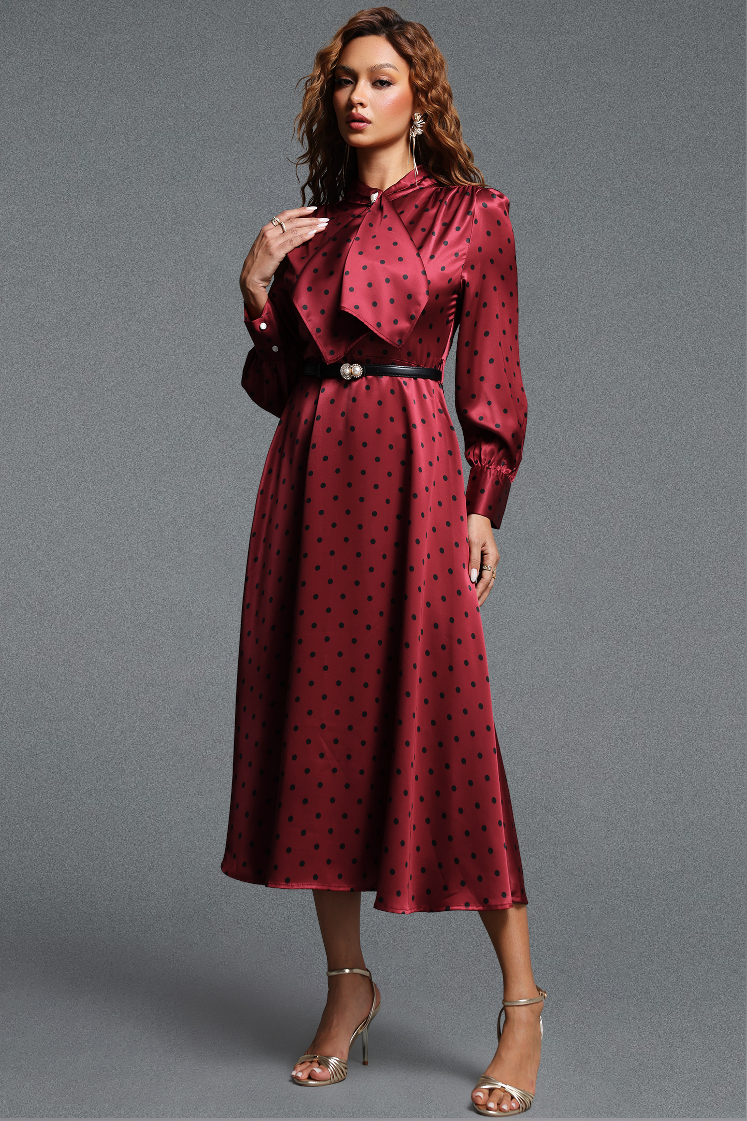 Pelosy Vintage Tailored Long Sleeve Polka Dot Satin Red Maxi Dress