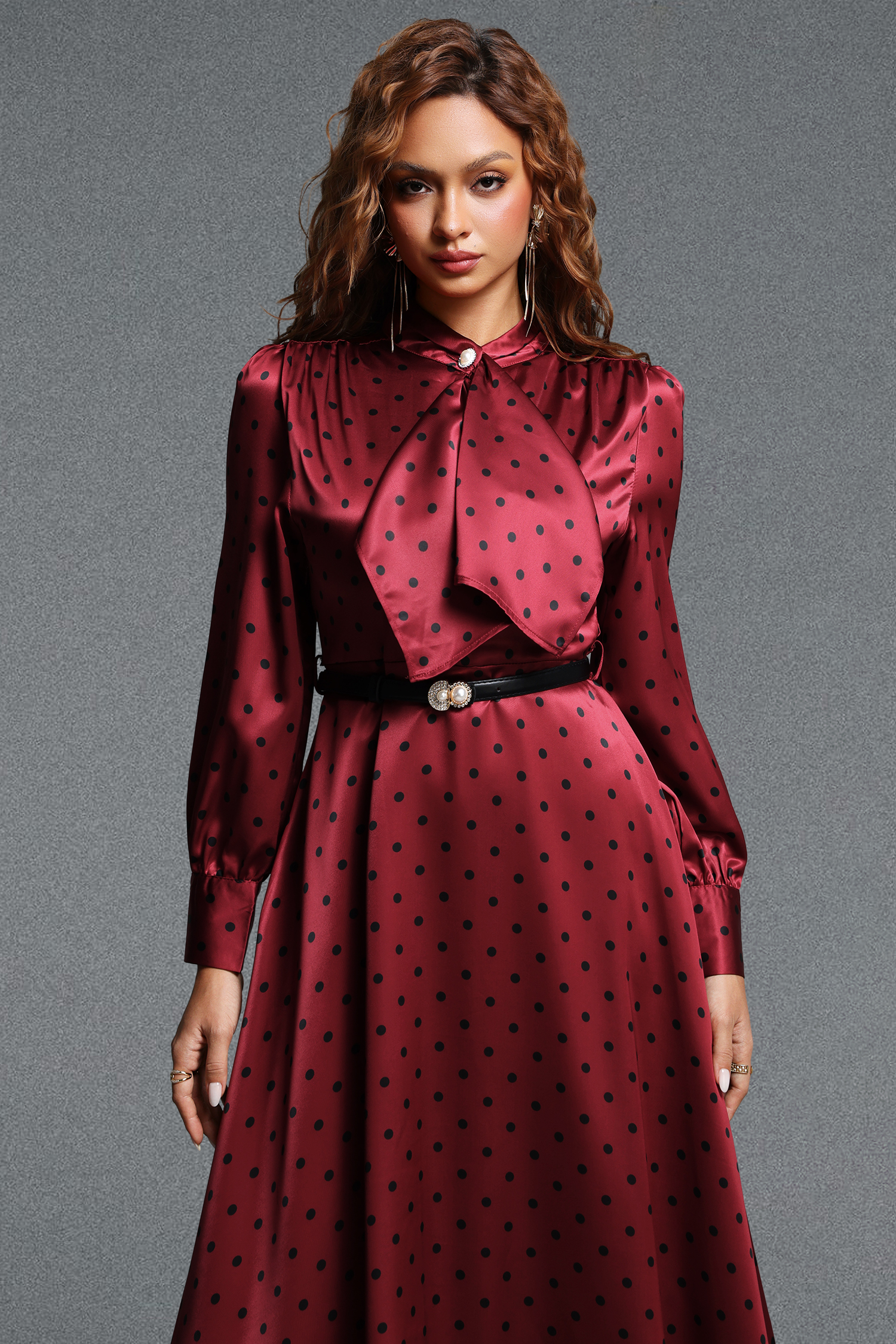 Pelosy Vintage Tailored Long Sleeve Polka Dot Satin Red Maxi Dress