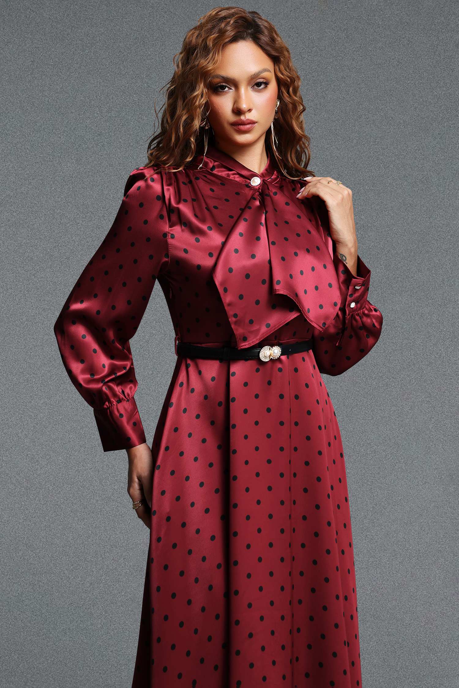 Pelosy Vintage Tailored Long Sleeve Polka Dot Satin Red Maxi Dress