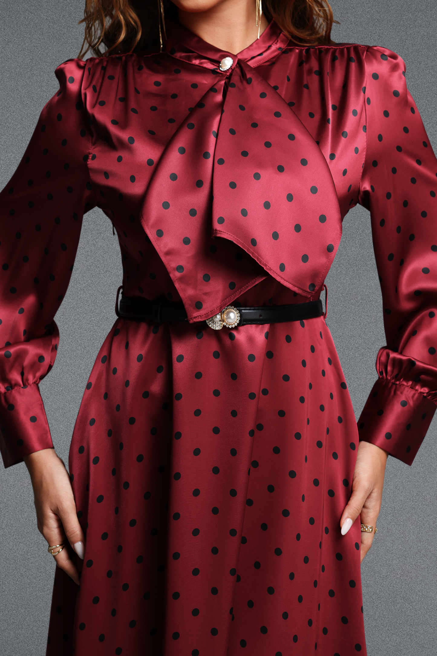 Pelosy Vintage Tailored Long Sleeve Polka Dot Satin Red Maxi Dress
