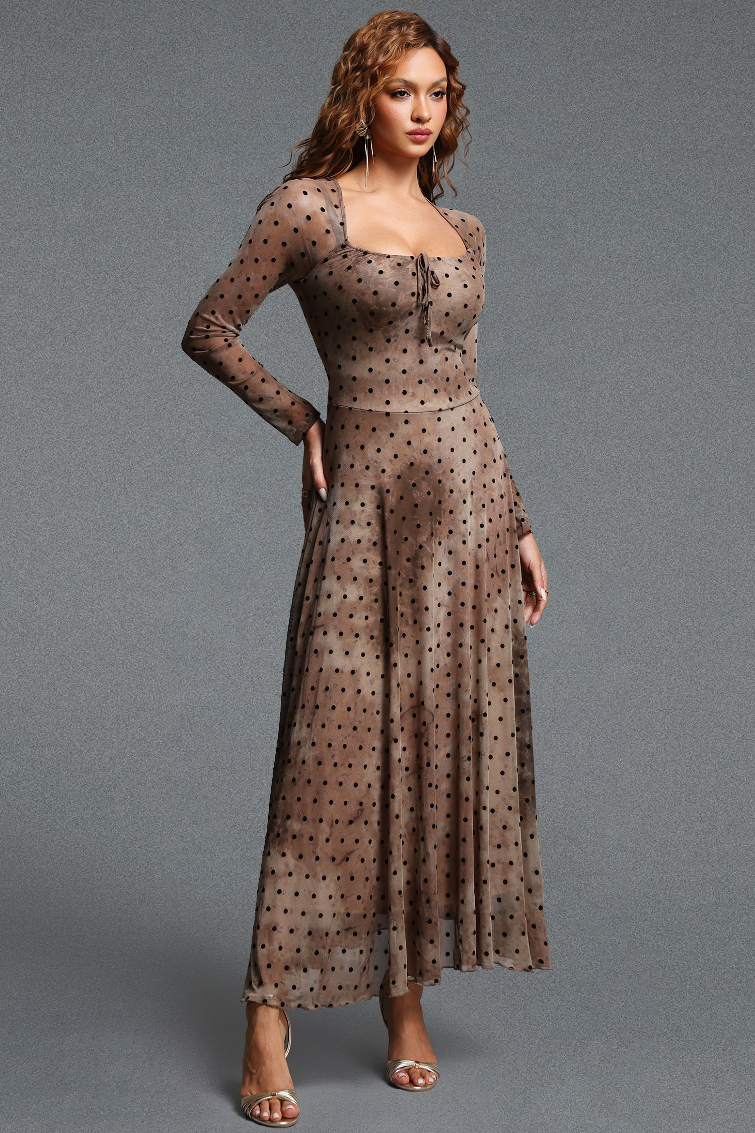 Elleri Vintage Contour Square Neck Long Sleeve Polka Dot Tie-Dye Mesh Maxi Dress