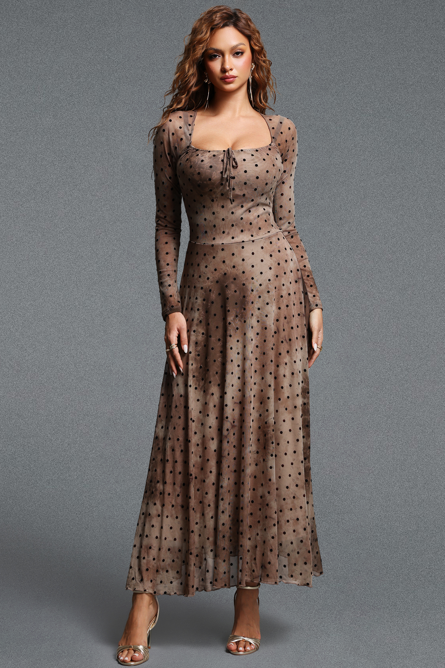 Elleri Vintage Contour Square Neck Long Sleeve Polka Dot Tie-Dye Mesh Maxi Dress