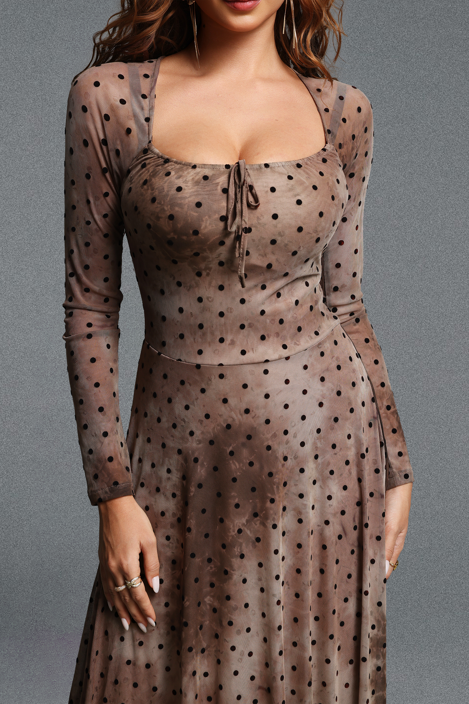 Elleri Vintage Contour Square Neck Long Sleeve Polka Dot Tie-Dye Mesh Maxi Dress
