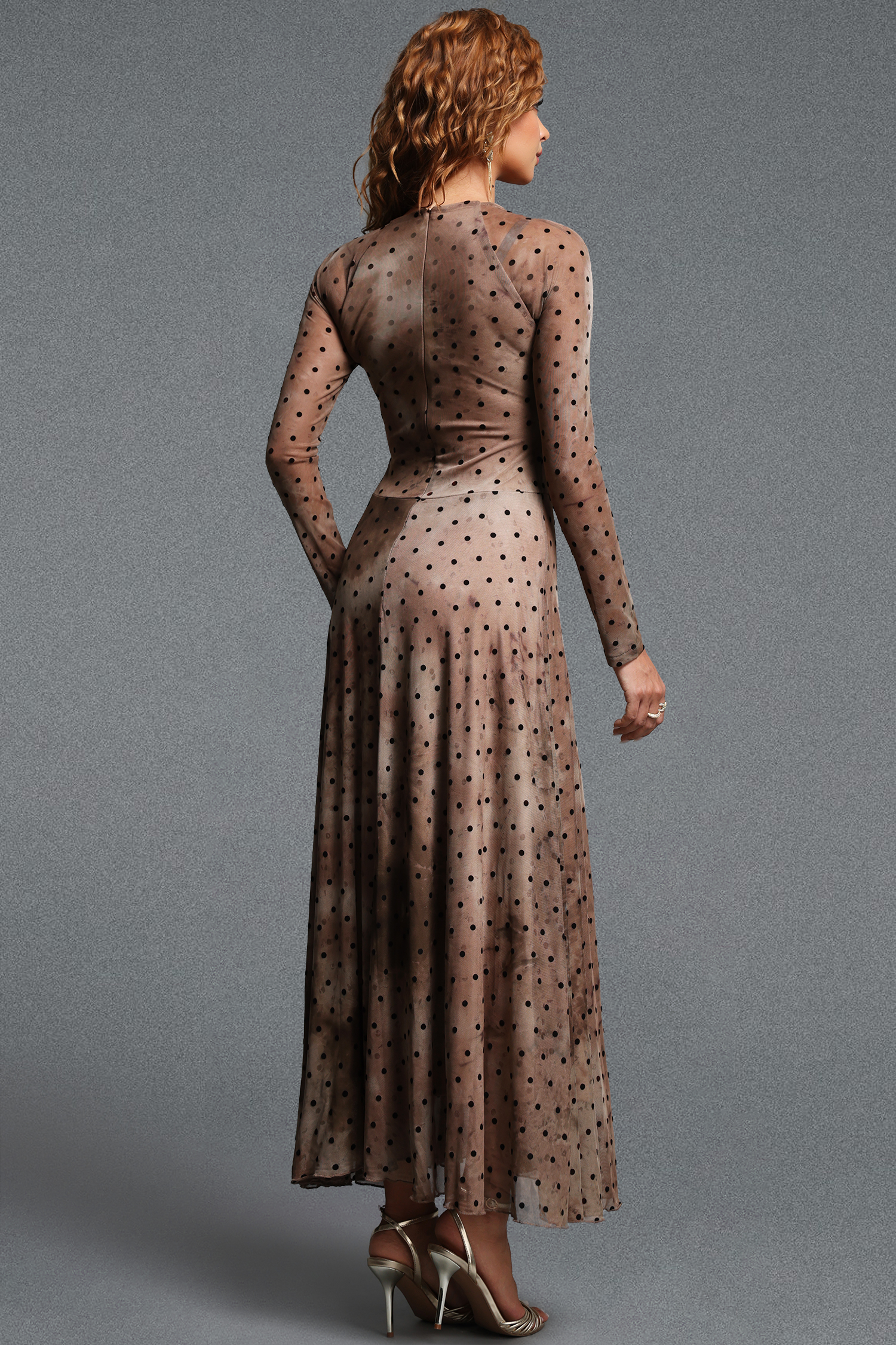 Elleri Vintage Contour Square Neck Long Sleeve Polka Dot Tie-Dye Mesh Maxi Dress