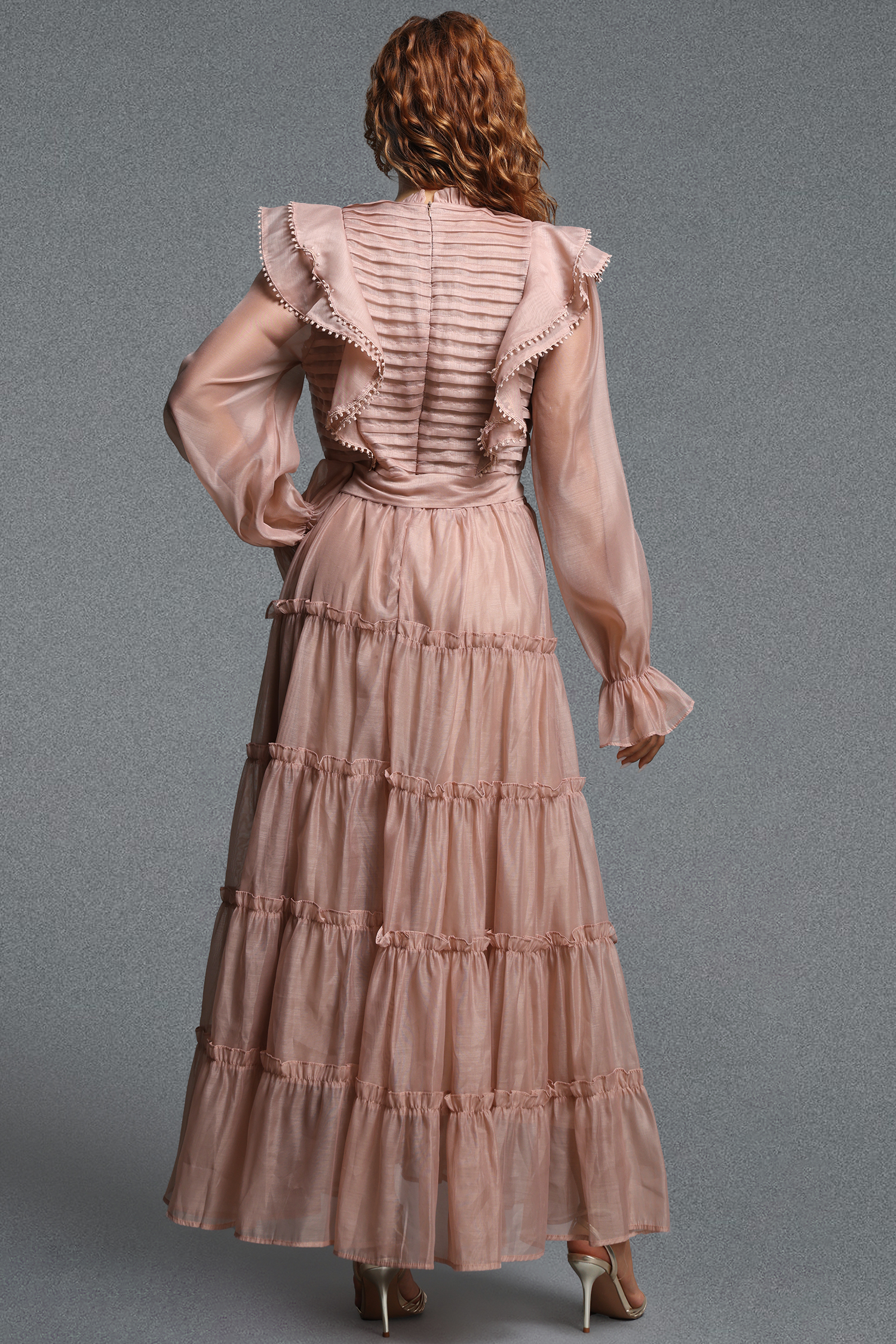 Susan Elegant Flowy Stand Collar Long Sleeve Ruffle Tiered Organza Maxi Dress