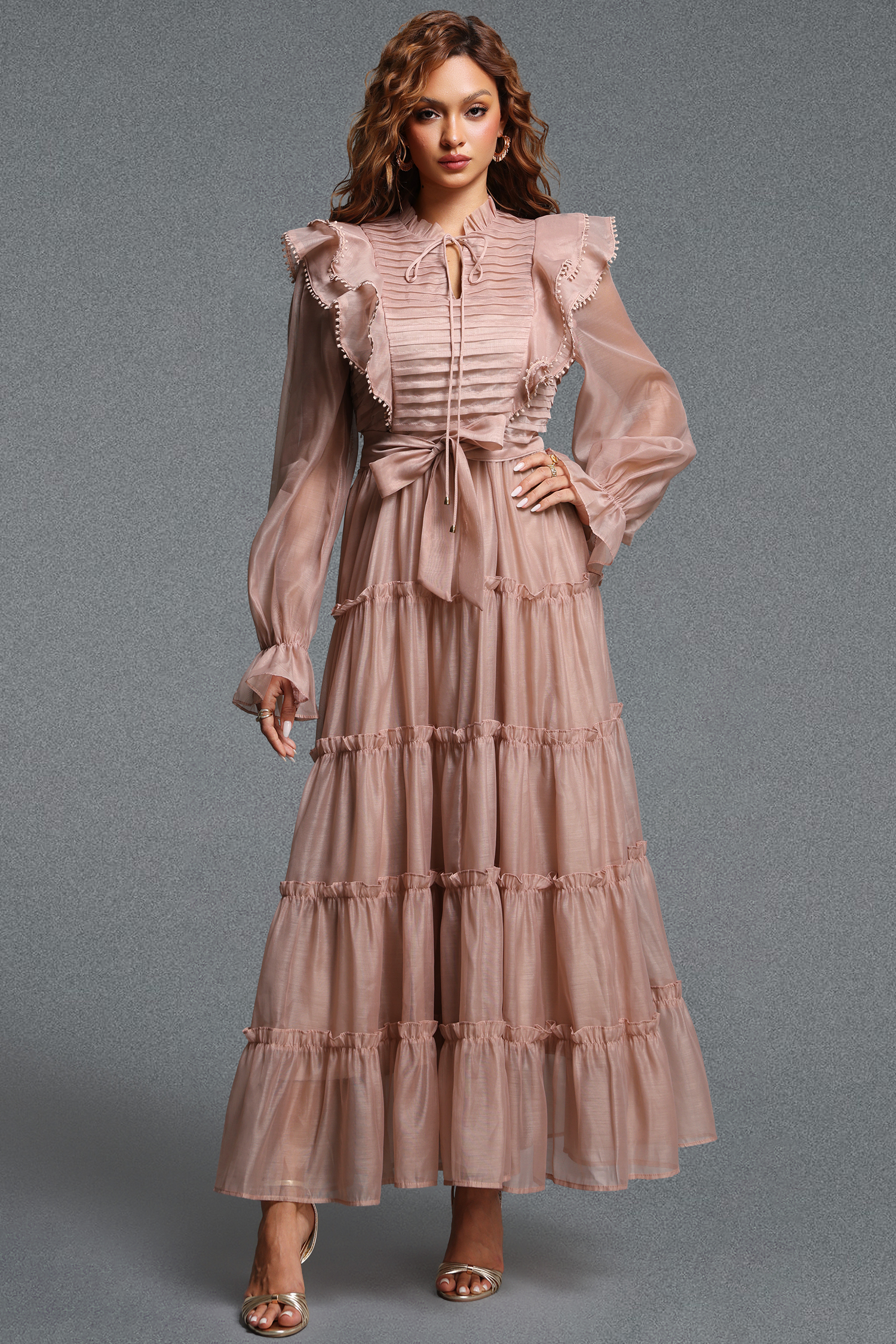 Susan Elegant Flowy Stand Collar Long Sleeve Ruffle Tiered Organza Maxi Dress