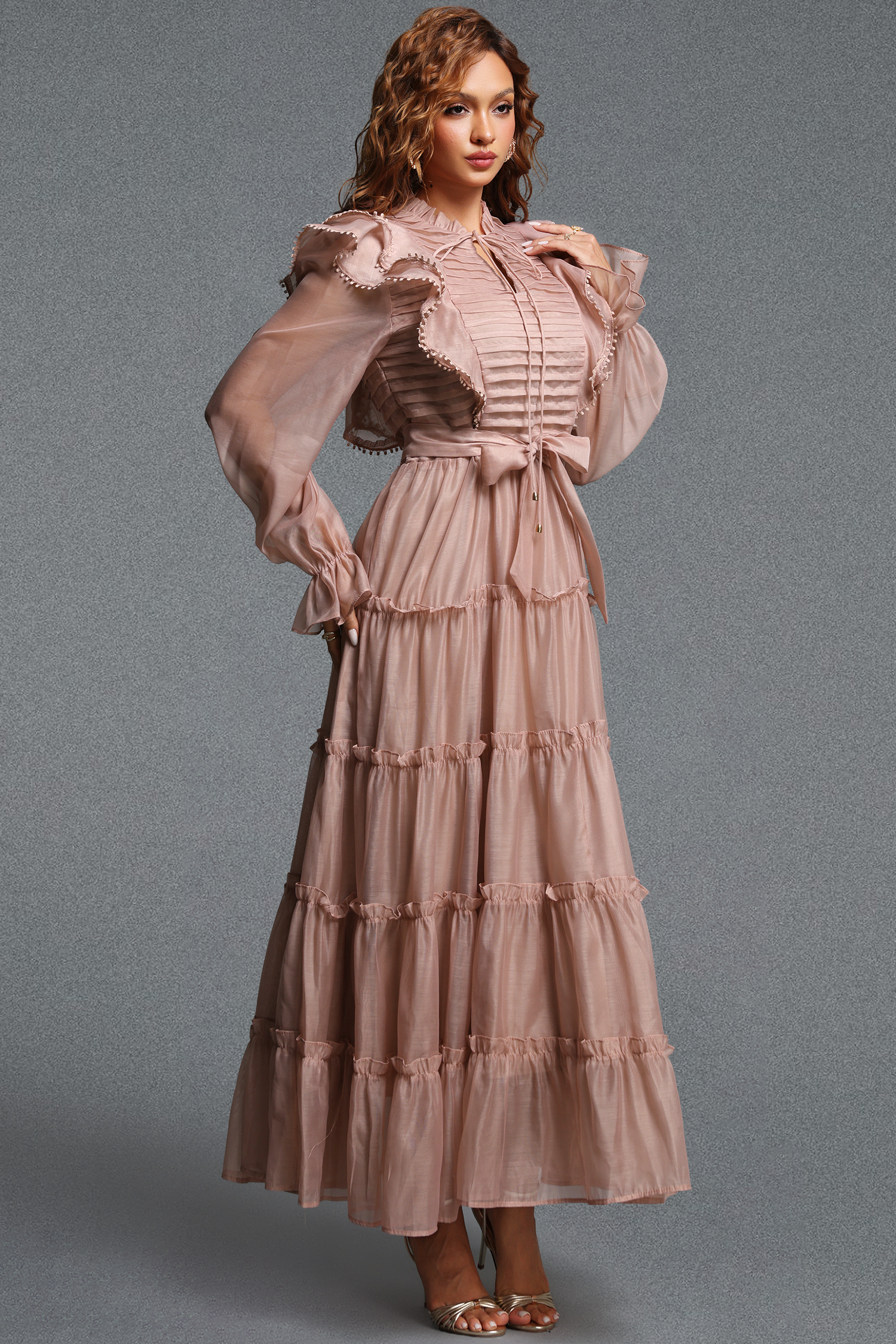 Susan Elegant Flowy Stand Collar Long Sleeve Ruffle Tiered Organza Maxi Dress
