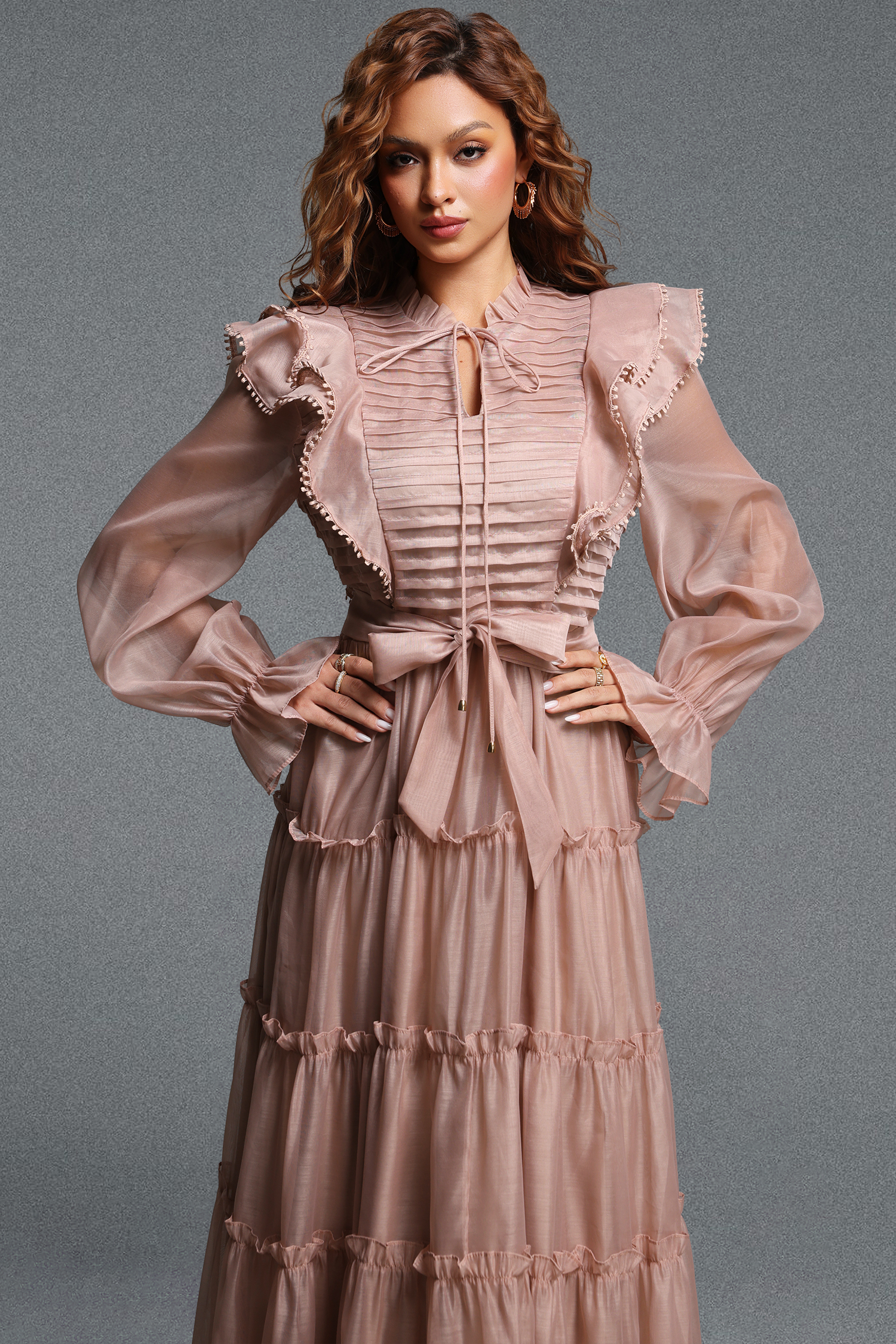 Susan Elegant Flowy Stand Collar Long Sleeve Ruffle Tiered Organza Maxi Dress
