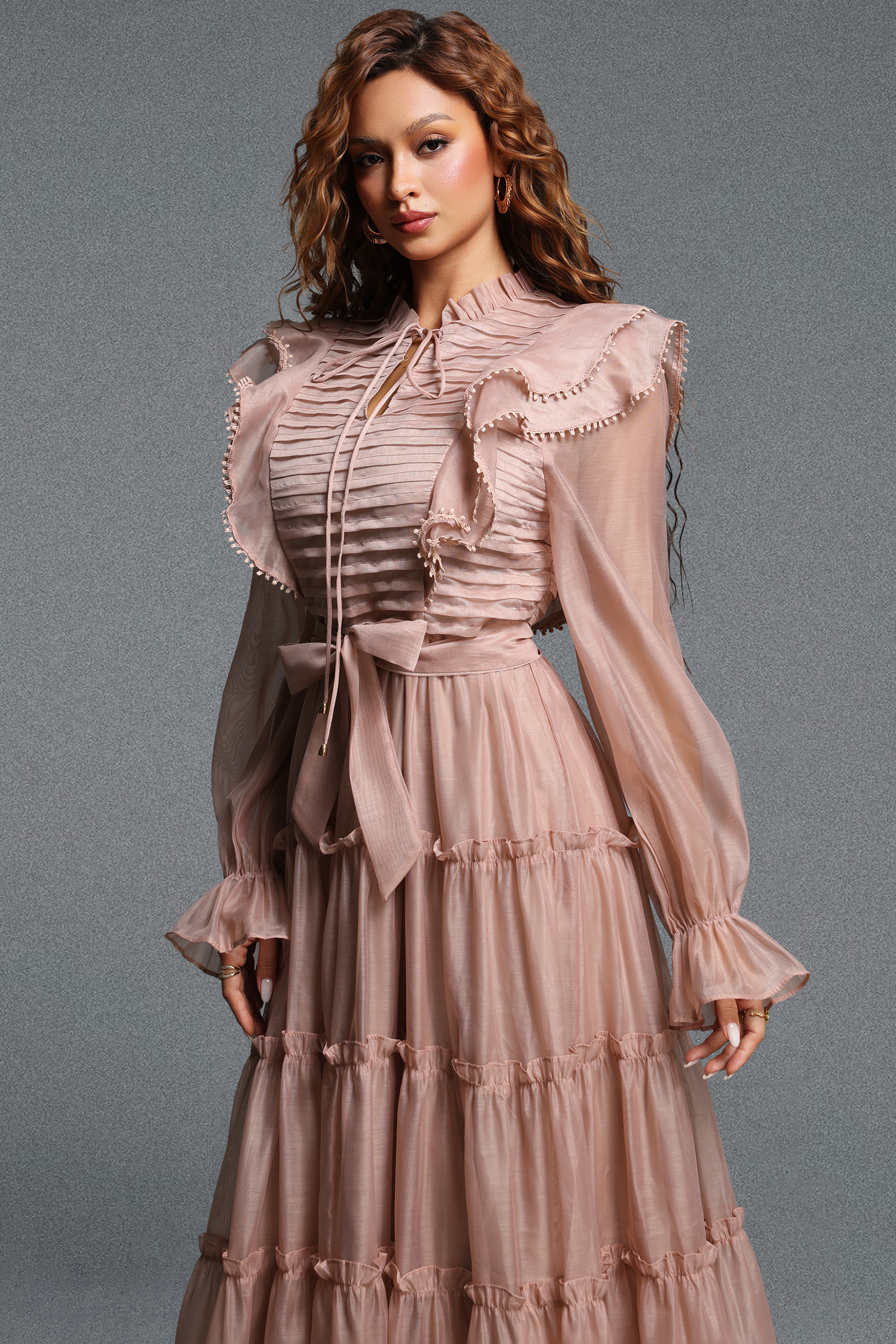 Susan Elegant Flowy Stand Collar Long Sleeve Ruffle Tiered Organza Maxi Dress