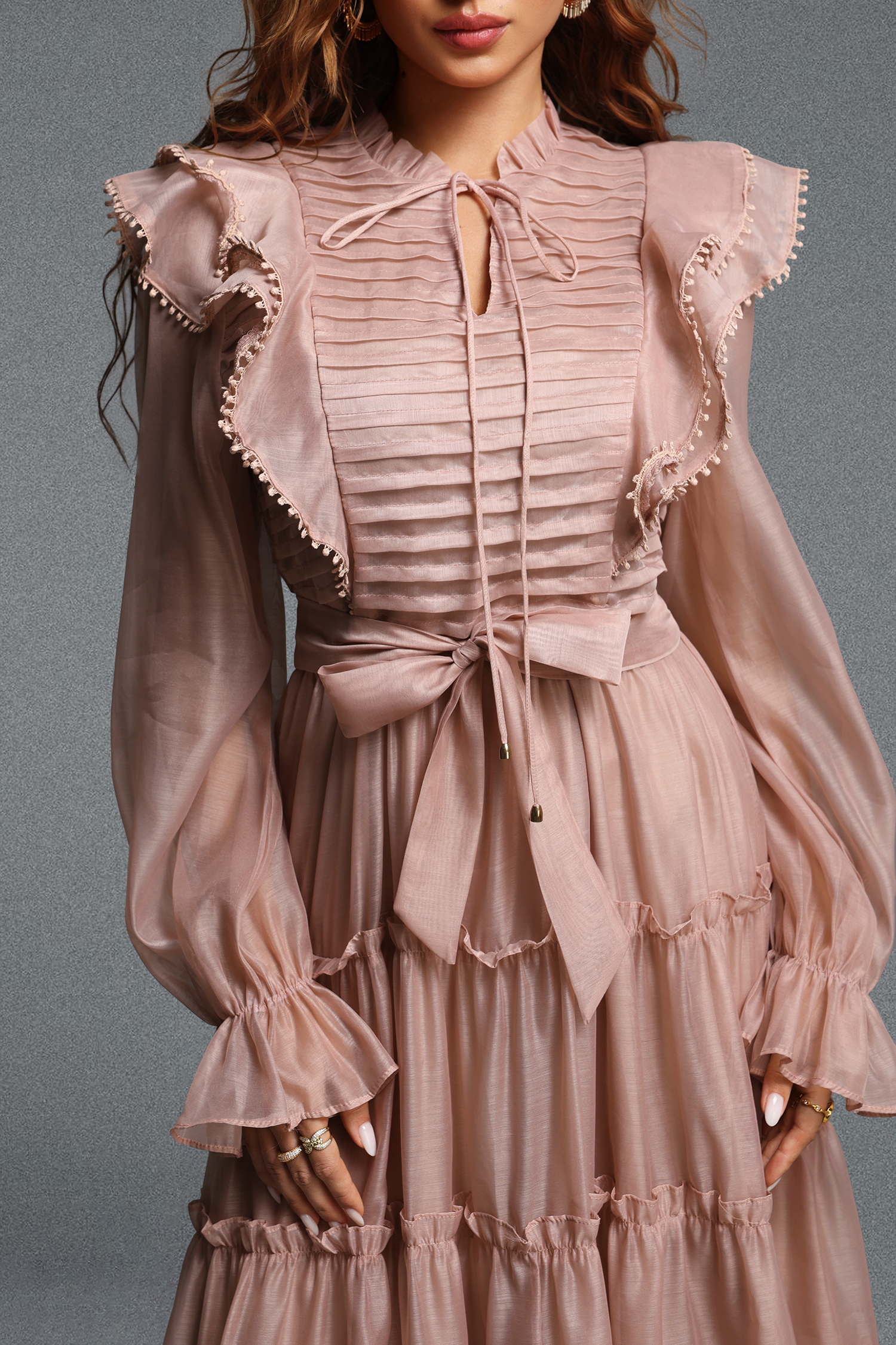 Susan Elegant Flowy Stand Collar Long Sleeve Ruffle Tiered Organza Maxi Dress