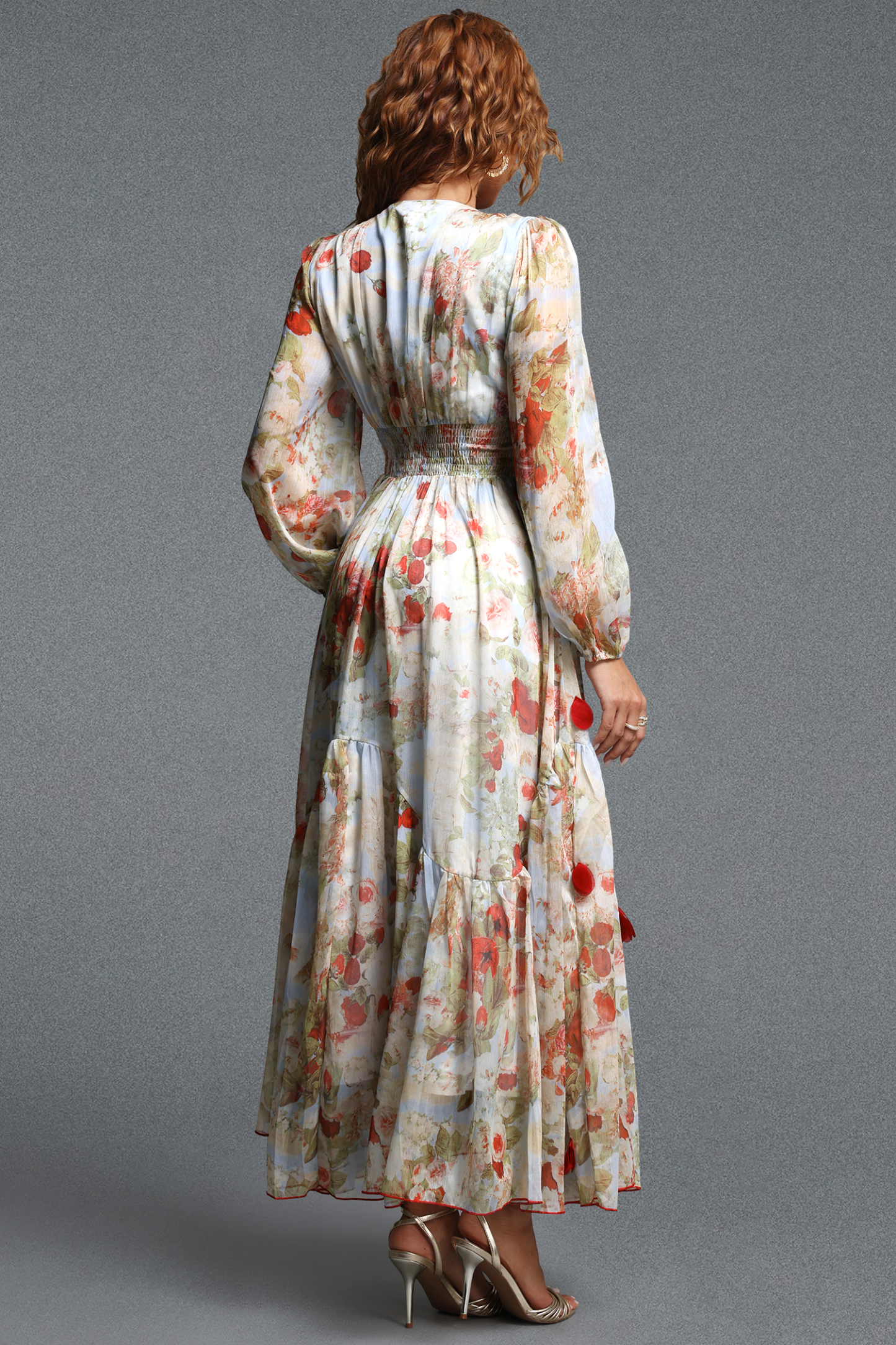 Lilani Romantic Flowy V Neck Long Sleeve Floral Ruched Chiffon Maxi Dress