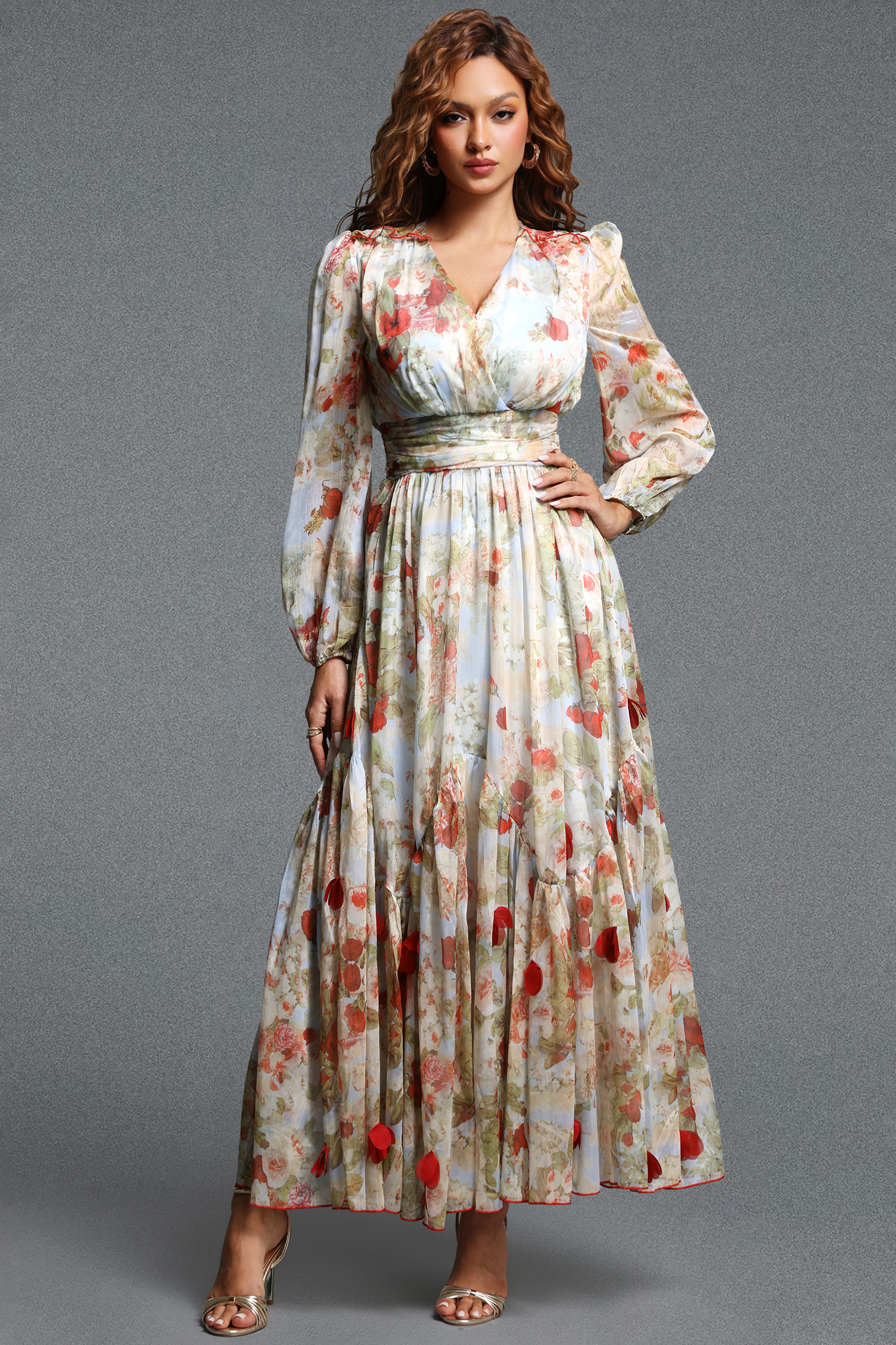 Lilani Romantic Flowy V Neck Long Sleeve Floral Ruched Chiffon Maxi Dress