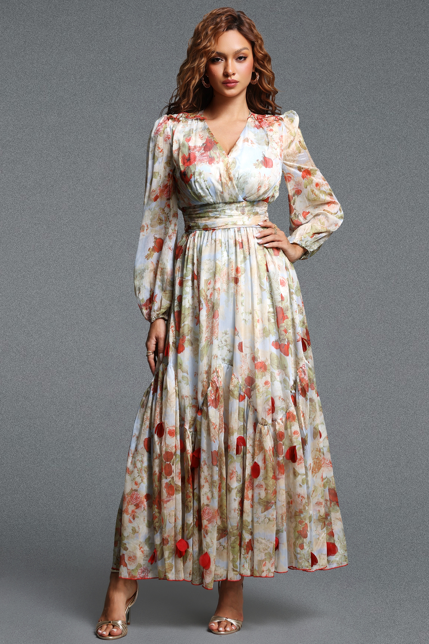 Lilani Romantic Flowy V Neck Long Sleeve Floral Ruched Chiffon Maxi Dress