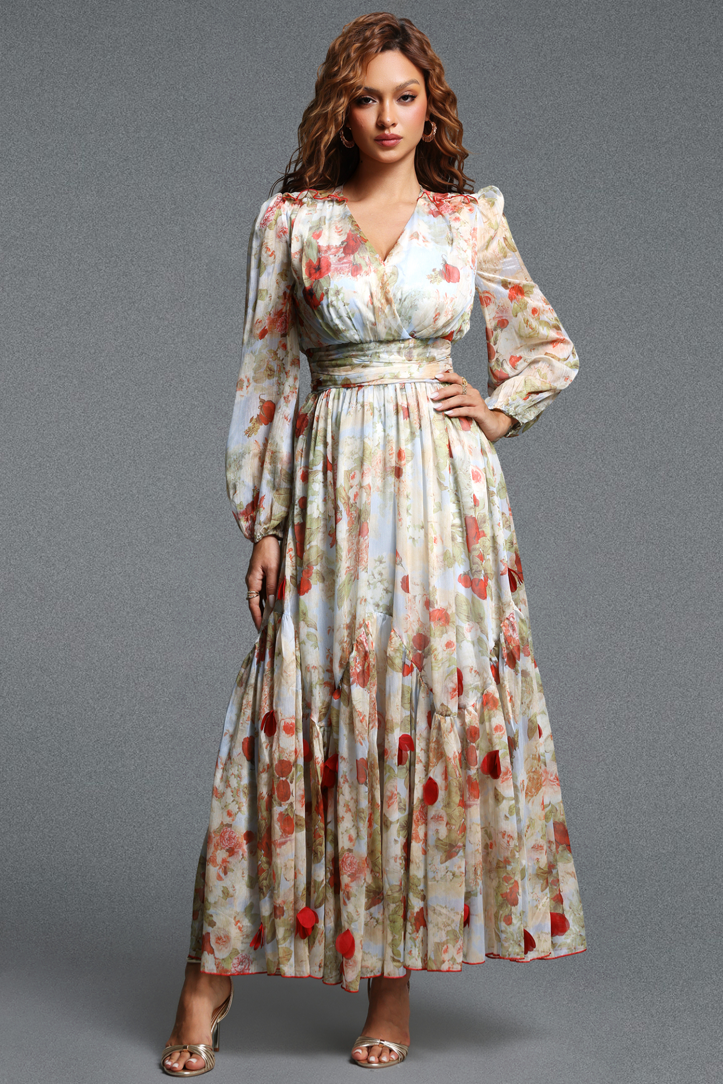 Lilani Romantic Flowy V Neck Long Sleeve Floral Ruched Chiffon Maxi Dress