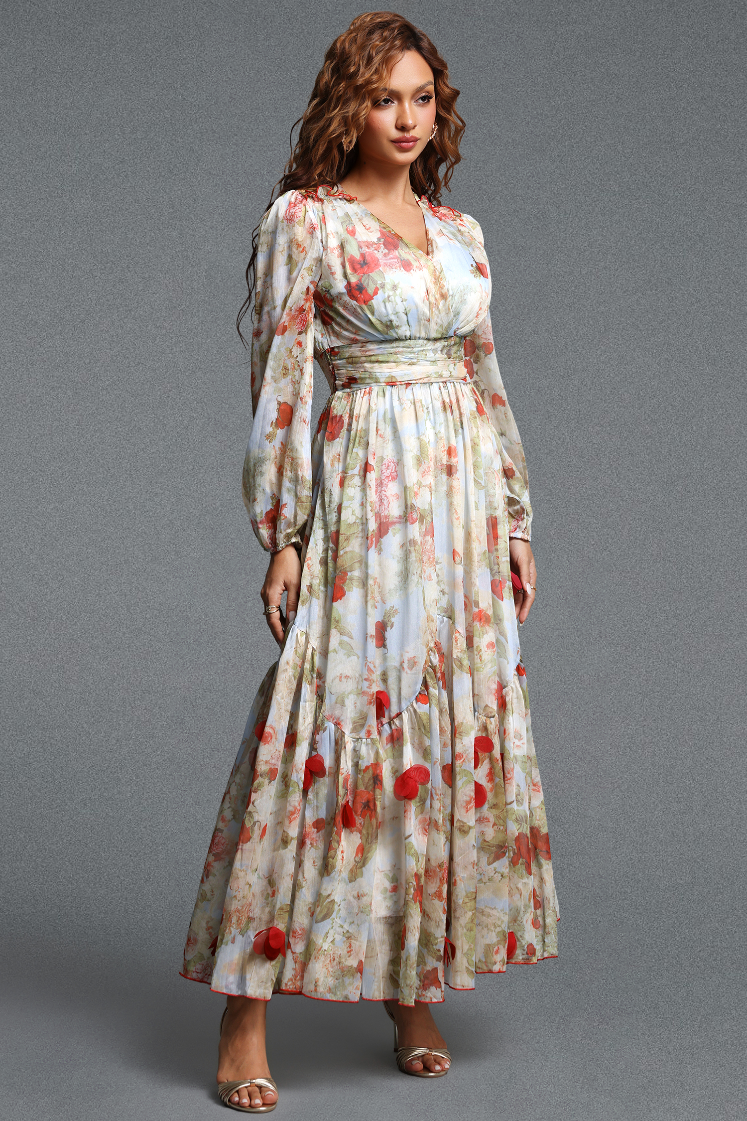 Lilani Romantic Flowy V Neck Long Sleeve Floral Ruched Chiffon Maxi Dress