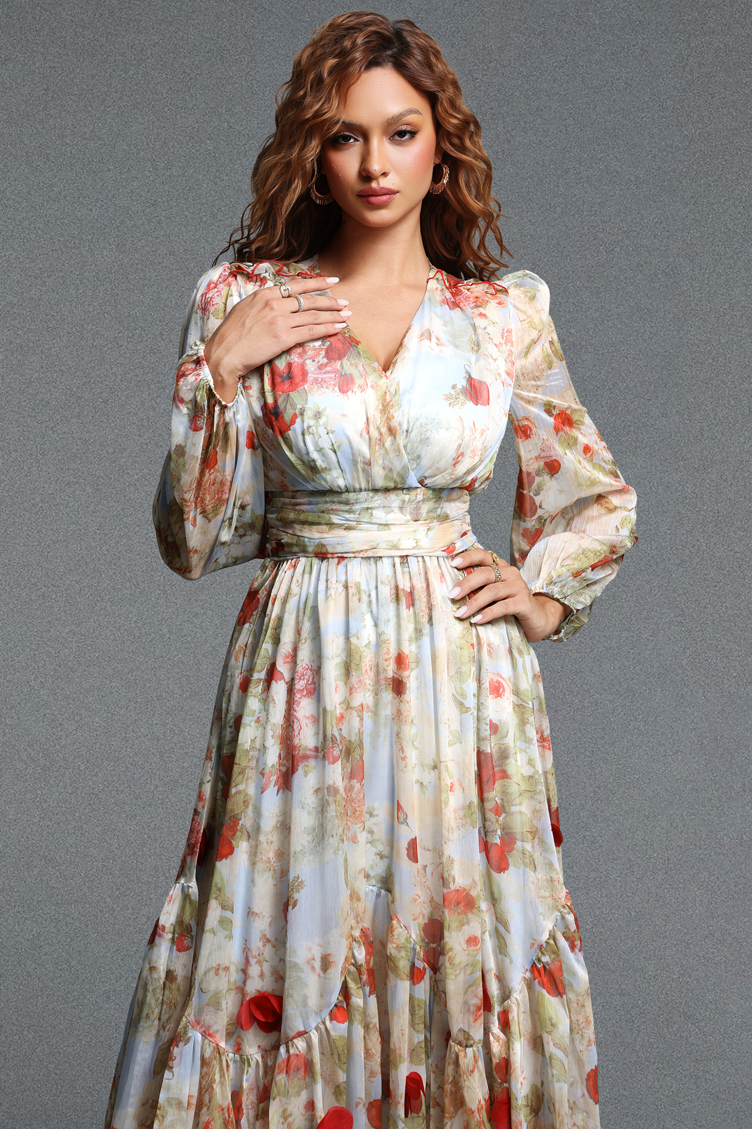Lilani Romantic Flowy V Neck Long Sleeve Floral Ruched Chiffon Maxi Dress