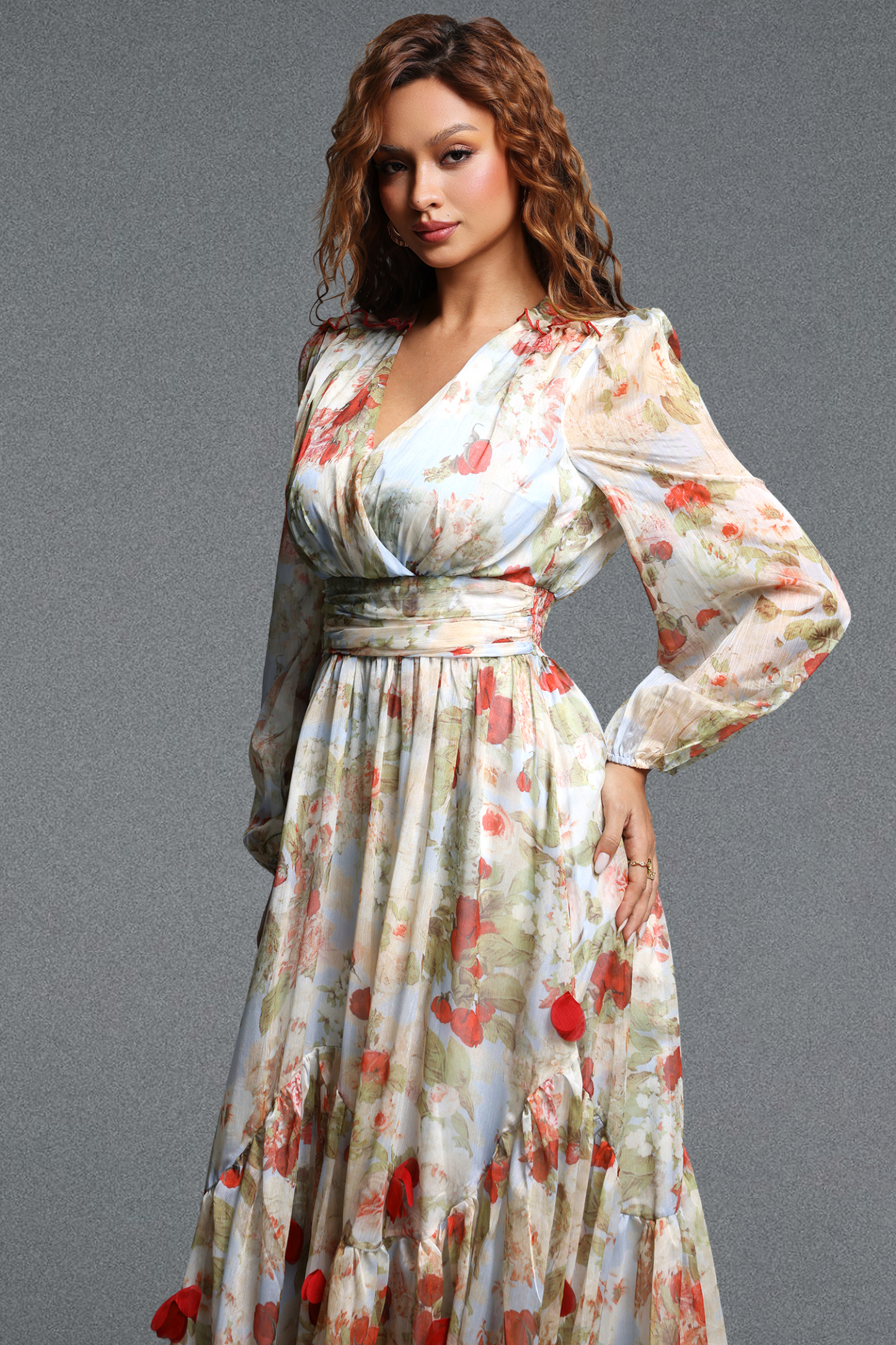 Lilani Romantic Flowy V Neck Long Sleeve Floral Ruched Chiffon Maxi Dress