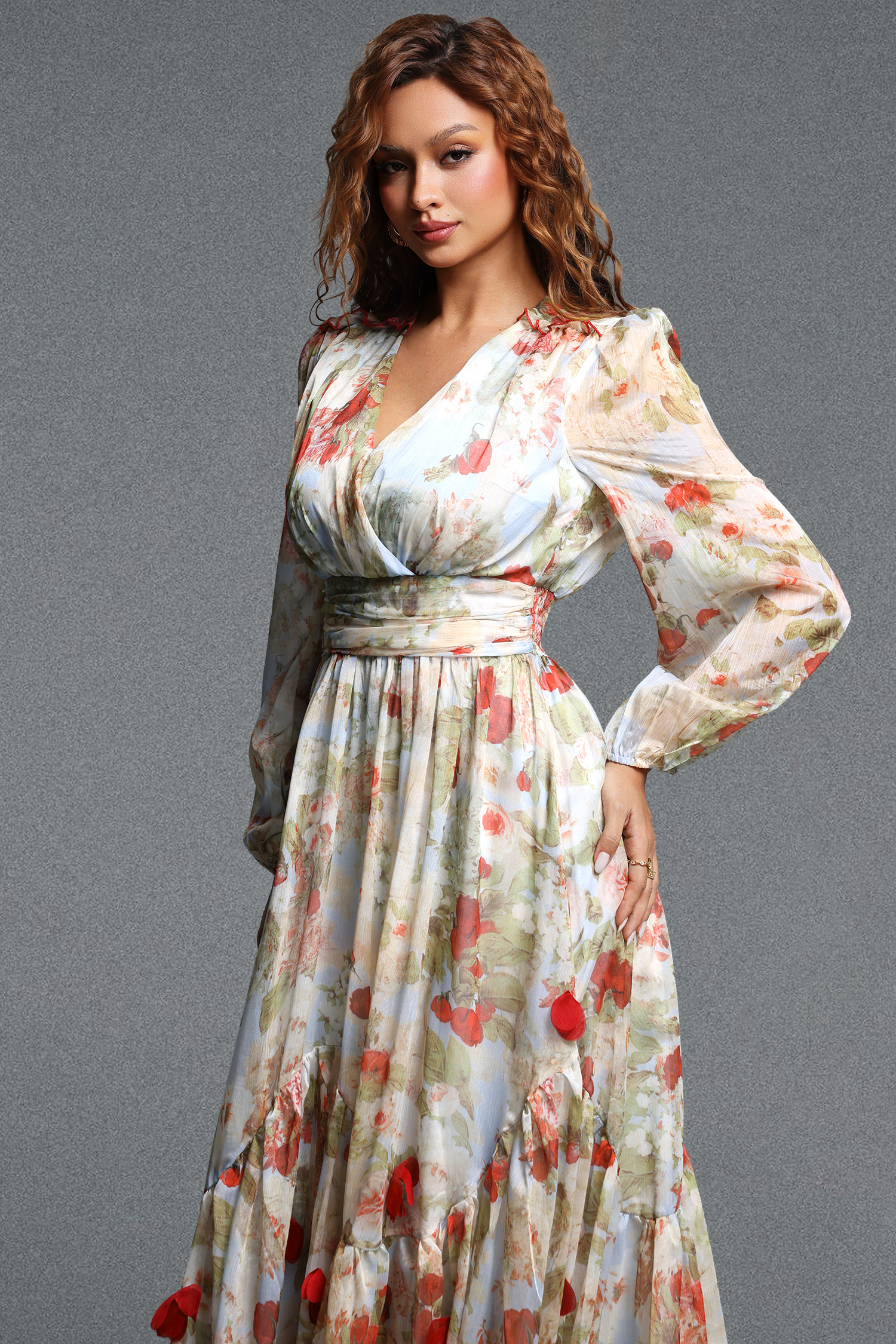 Lilani Romantic Flowy V Neck Long Sleeve Floral Ruched Chiffon Maxi Dress