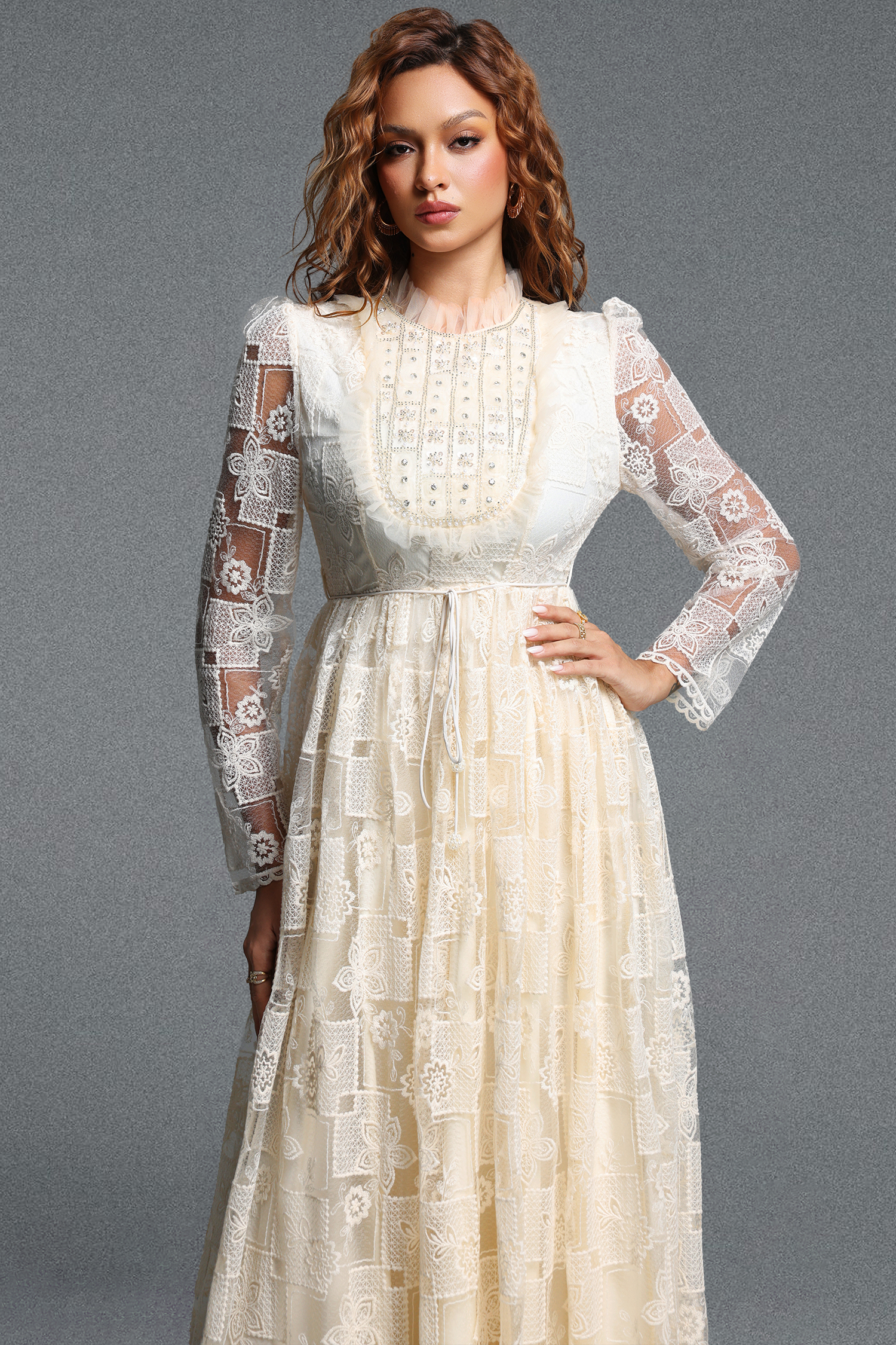 Taffy Romantic Flowy Long Sleeve Sequin Spliced Lace Maxi Dress