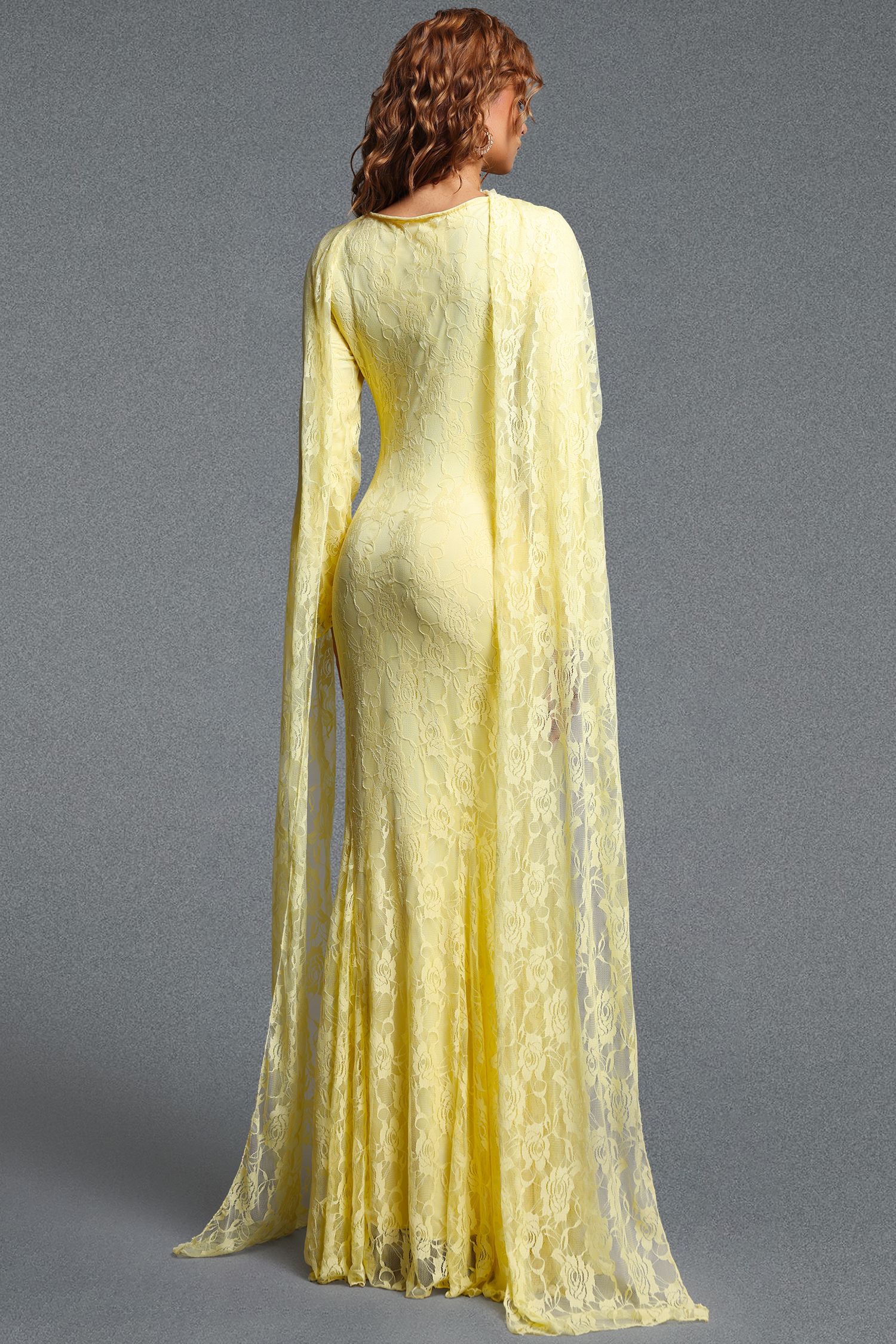 Pasha Elegant Contour Long Streamer Sleeve Mermaid Lace Yellow Maxi Dress