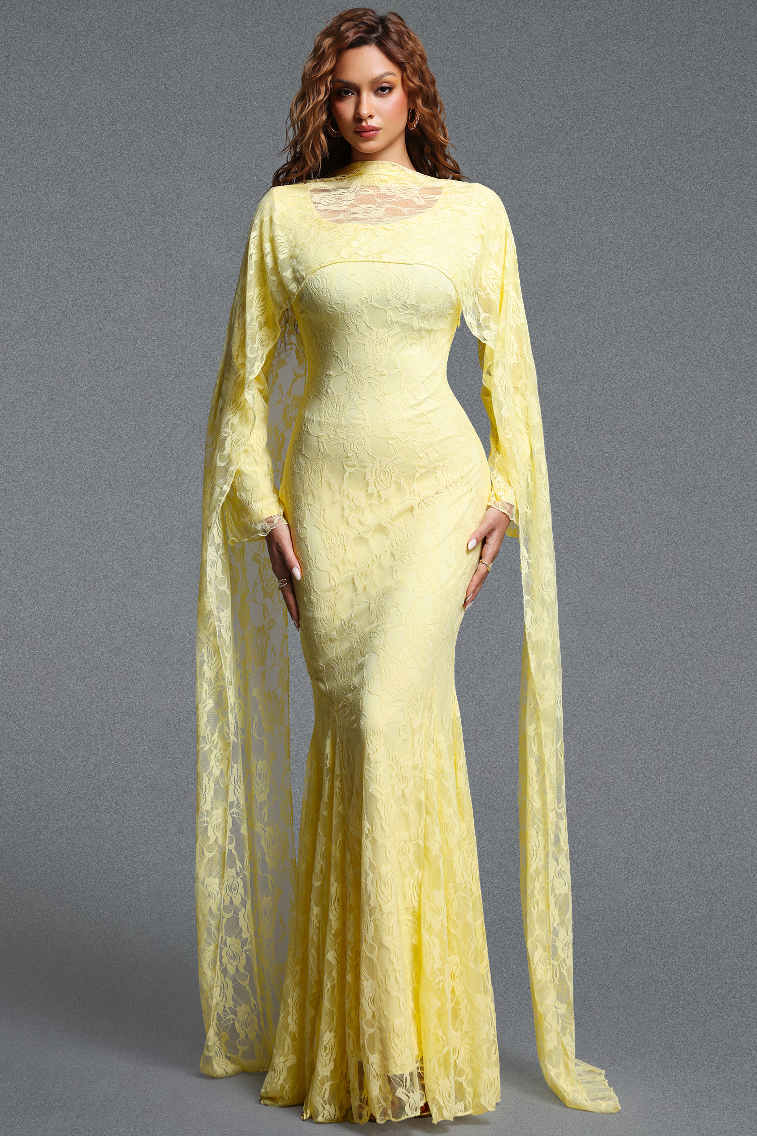 Pasha Elegant Contour Long Streamer Sleeve Mermaid Lace Yellow Maxi Dress