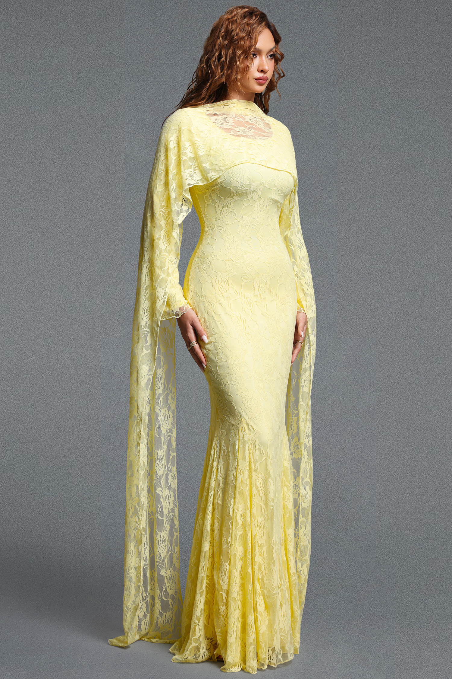 Pasha Elegant Contour Long Streamer Sleeve Mermaid Lace Yellow Maxi Dress