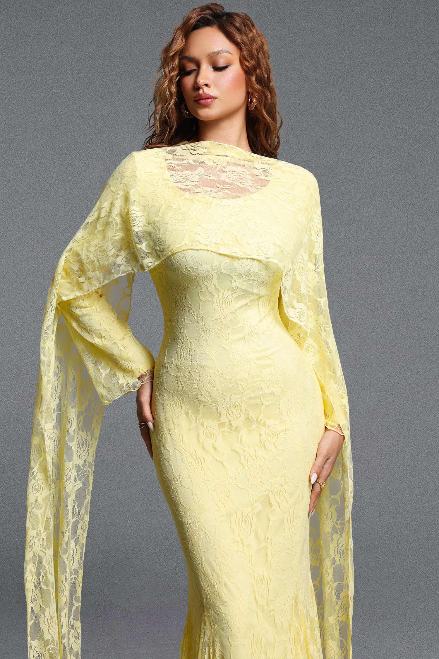 Pasha Elegant Contour Long Streamer Sleeve Mermaid Lace Yellow Maxi Dress