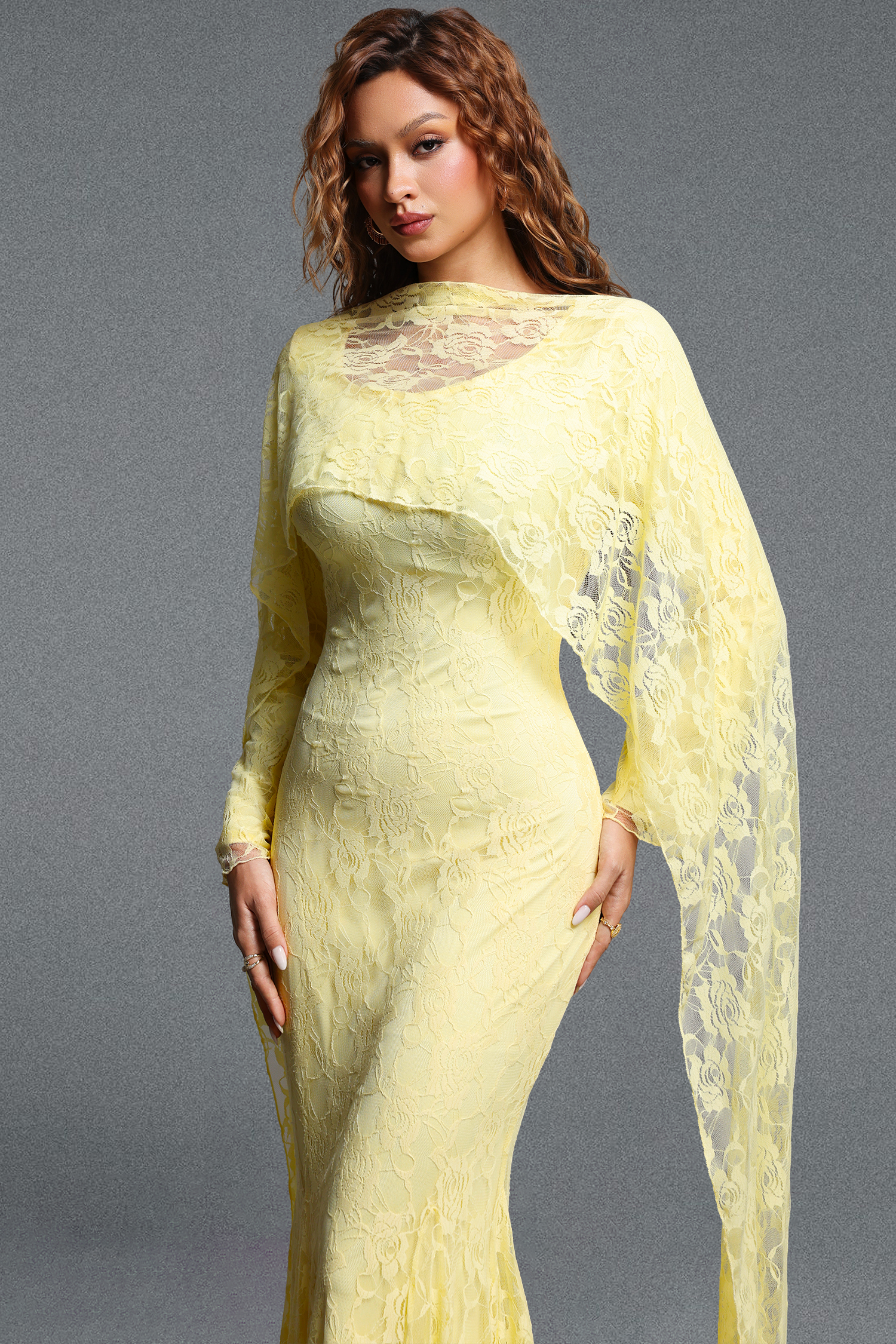 Pasha Elegant Contour Long Streamer Sleeve Mermaid Lace Yellow Maxi Dress