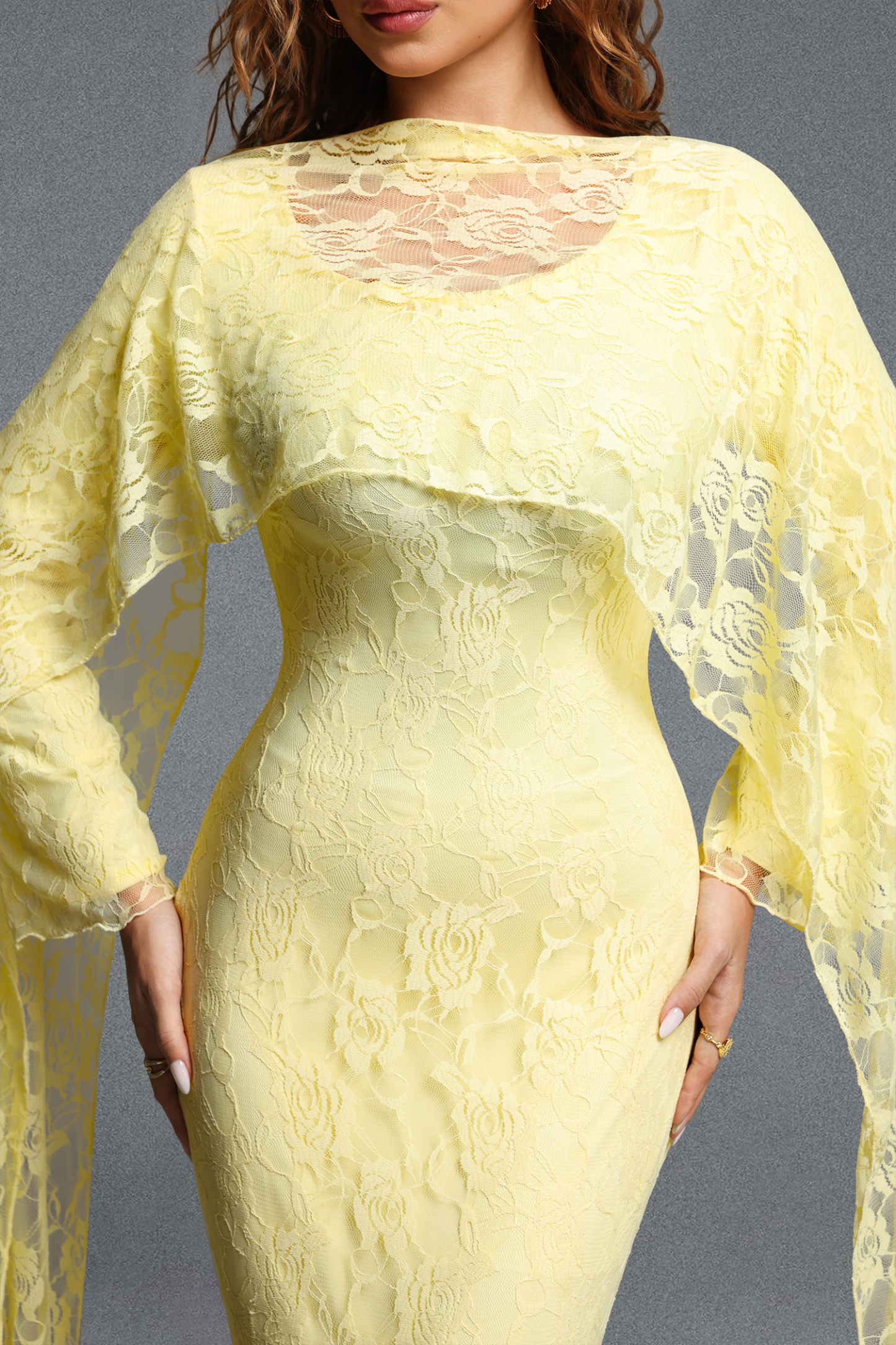 Pasha Elegant Contour Long Streamer Sleeve Mermaid Lace Yellow Maxi Dress